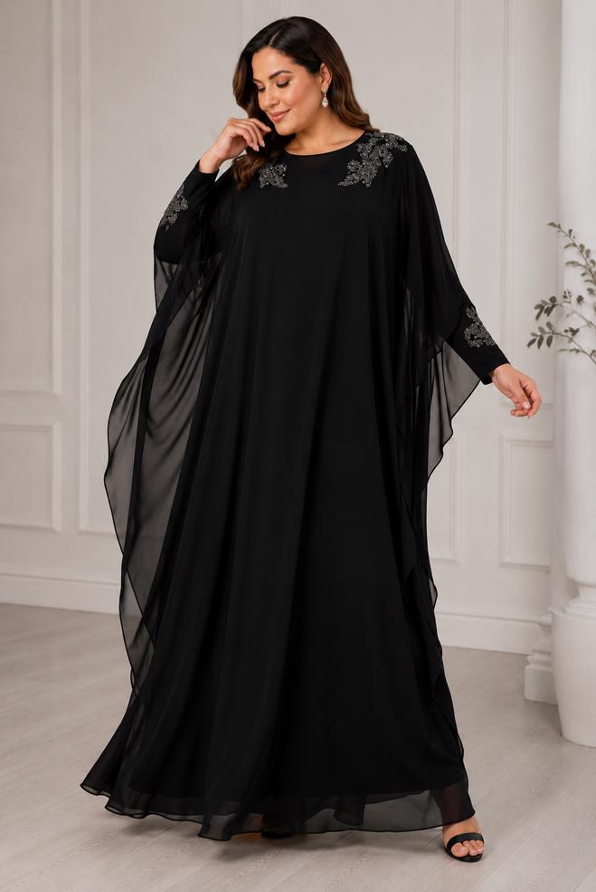 Hijab clothing BLACK PLUS SIZE DRESS WITH CHIFFON CAPE 20510 - ALVİNA