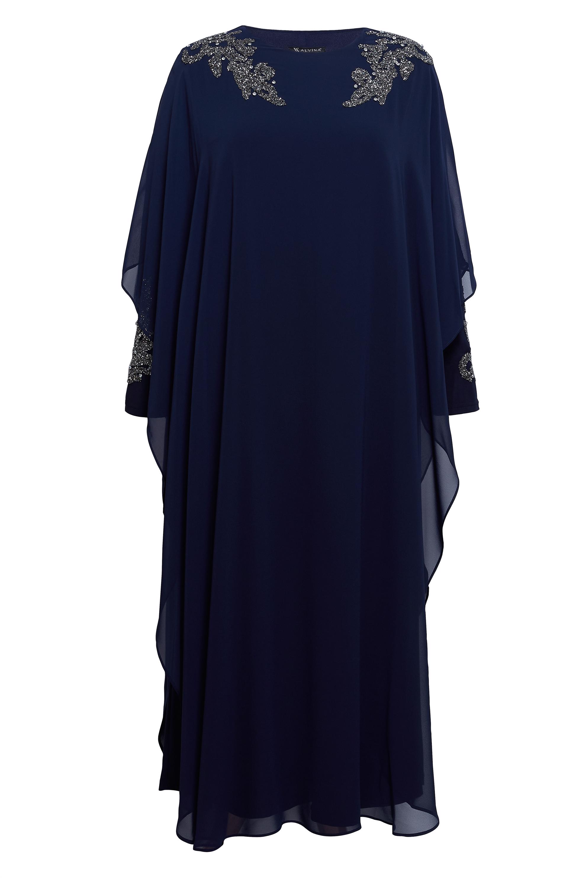 Tesettür giyim LACİVERT ŞİFON PELERİNLİ BÜYÜK BEDEN ELBİSE 20510