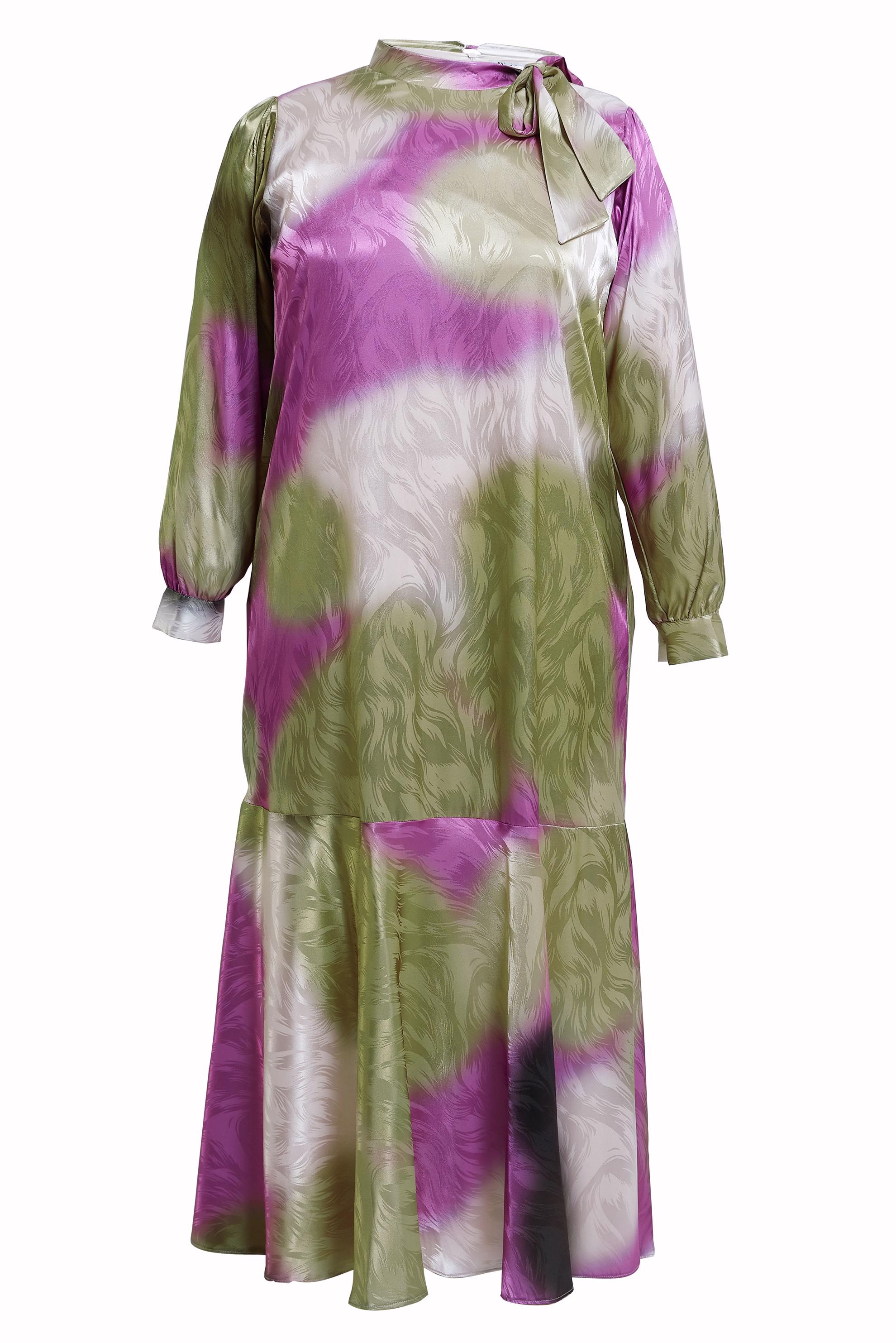 Tesettür giyim FUŞYA SATEN JAKARLI BÜYÜK BEDEN ELBİSE 20515