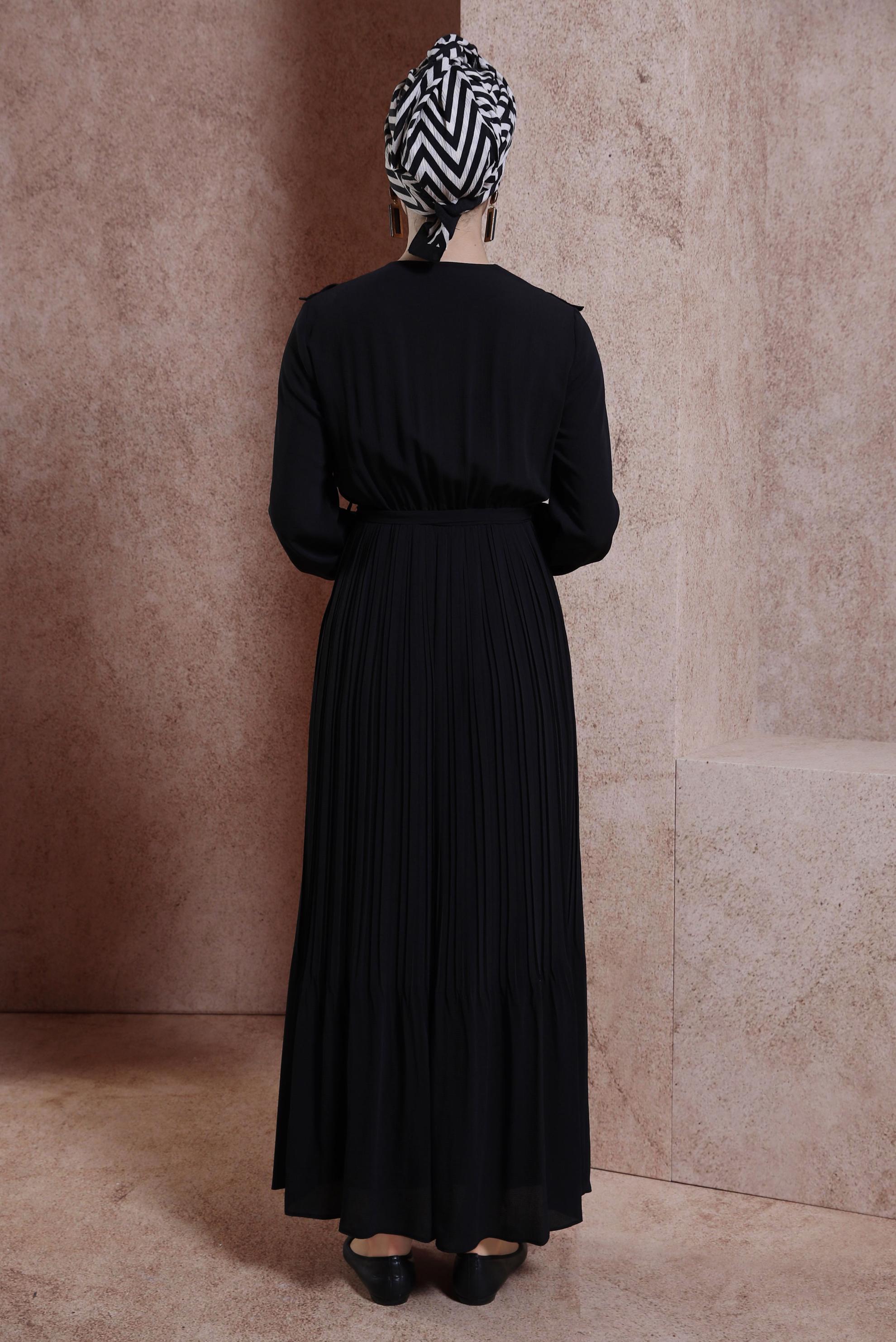 Tesettür giyim SİYAH KUŞAKLI FIRFIRLI ELBİSE 43899