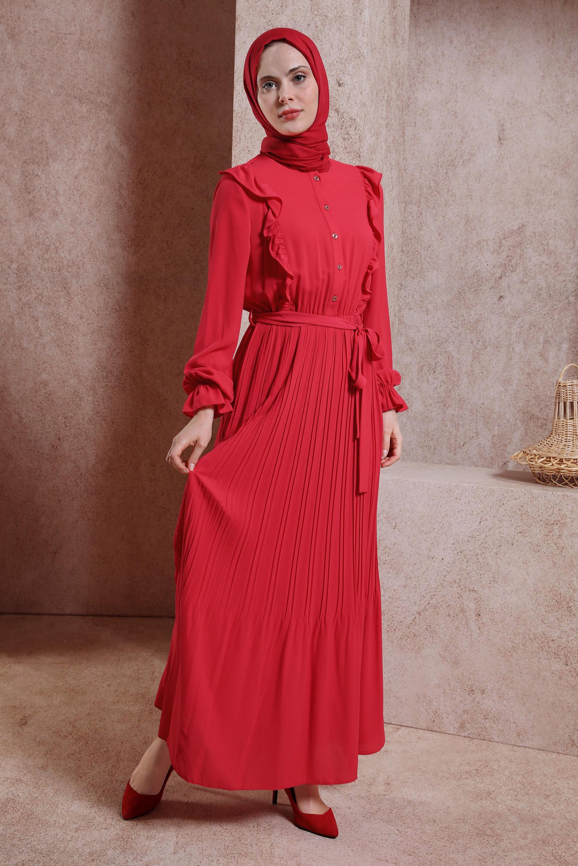 Tesettür giyim KIRMIZI KUŞAKLI FIRFIRLI ELBİSE 43899