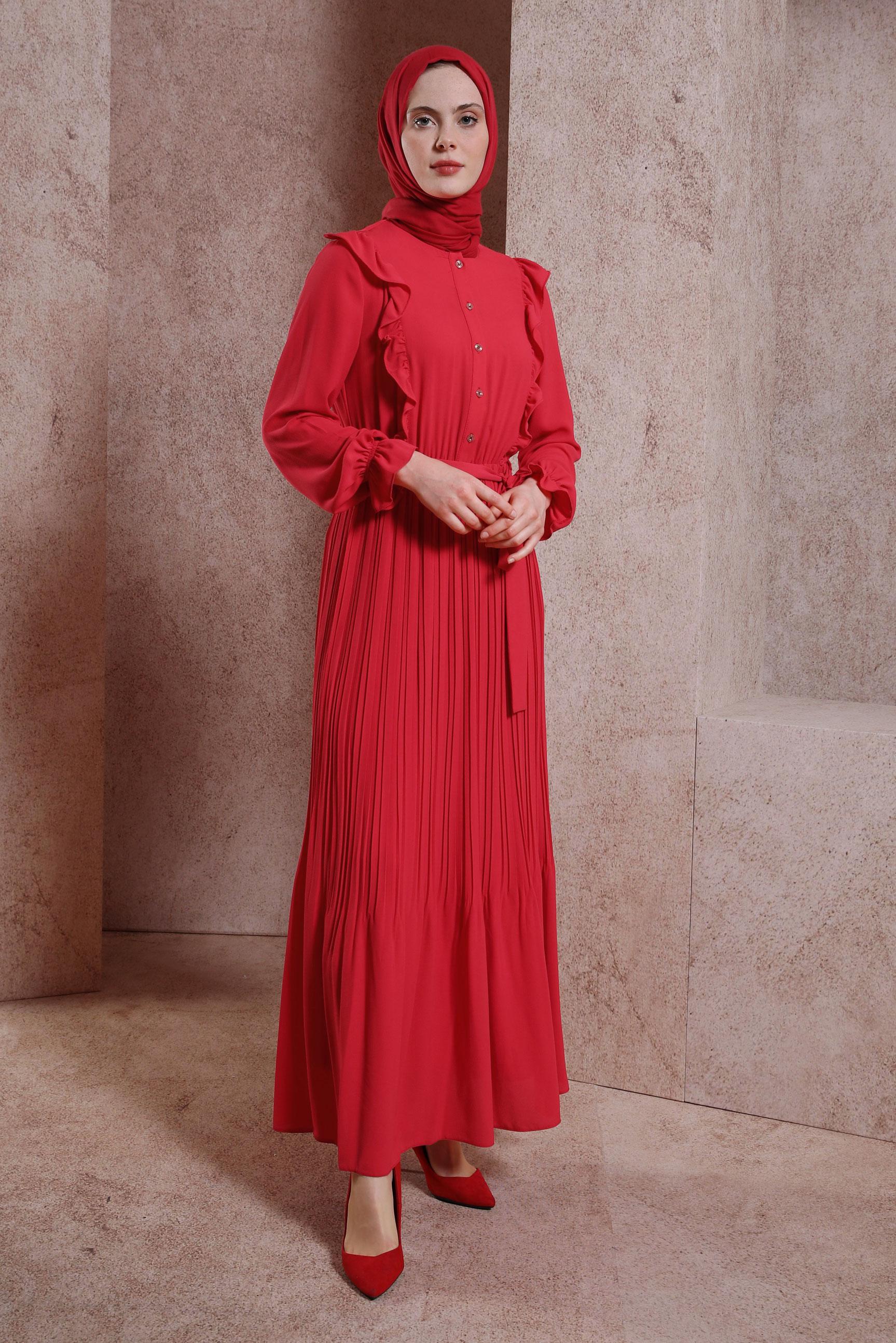 Tesettür giyim KIRMIZI KUŞAKLI FIRFIRLI ELBİSE 43899