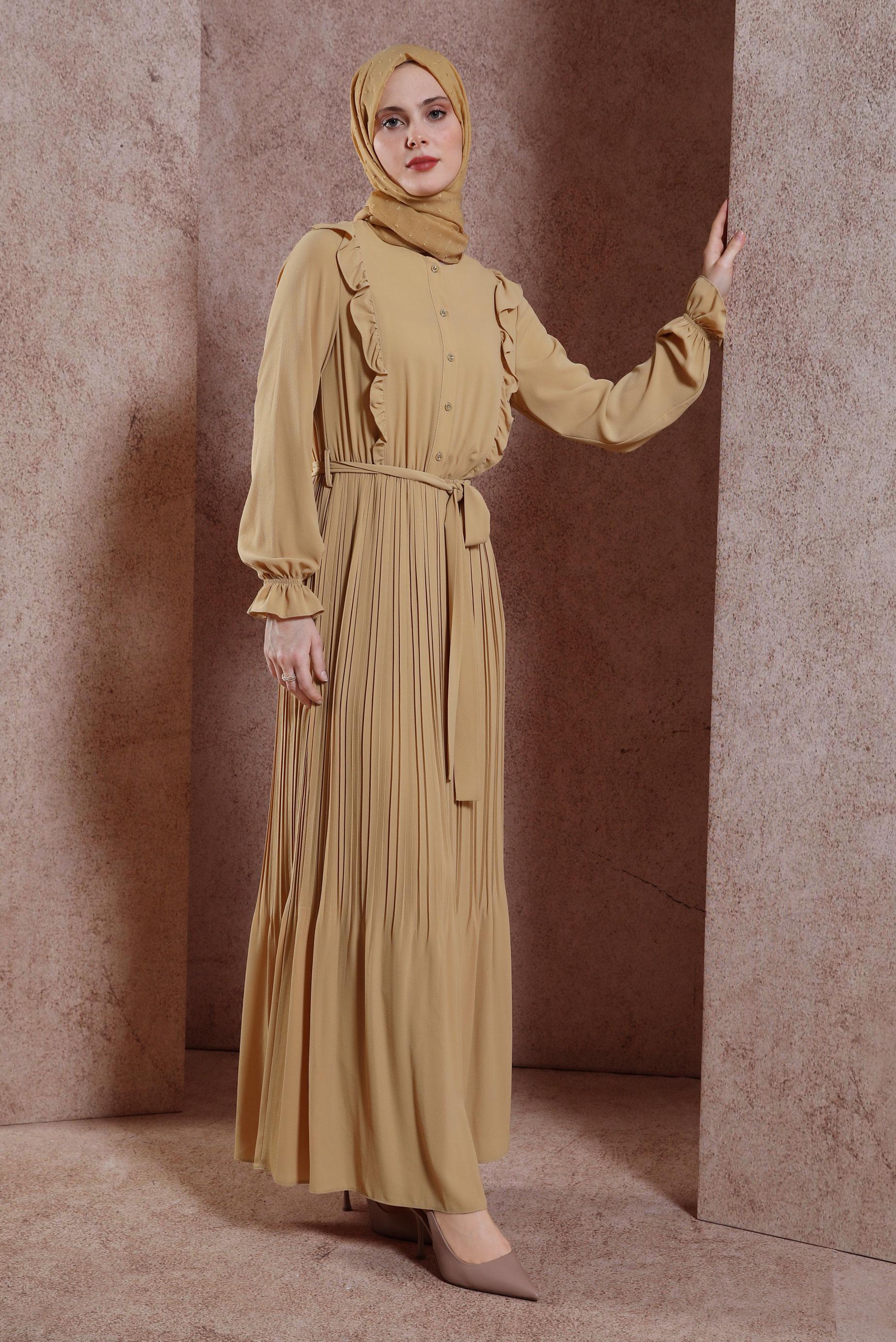 Tesettür giyim KAHVE KUŞAKLI FIRFIRLI ELBİSE 43899