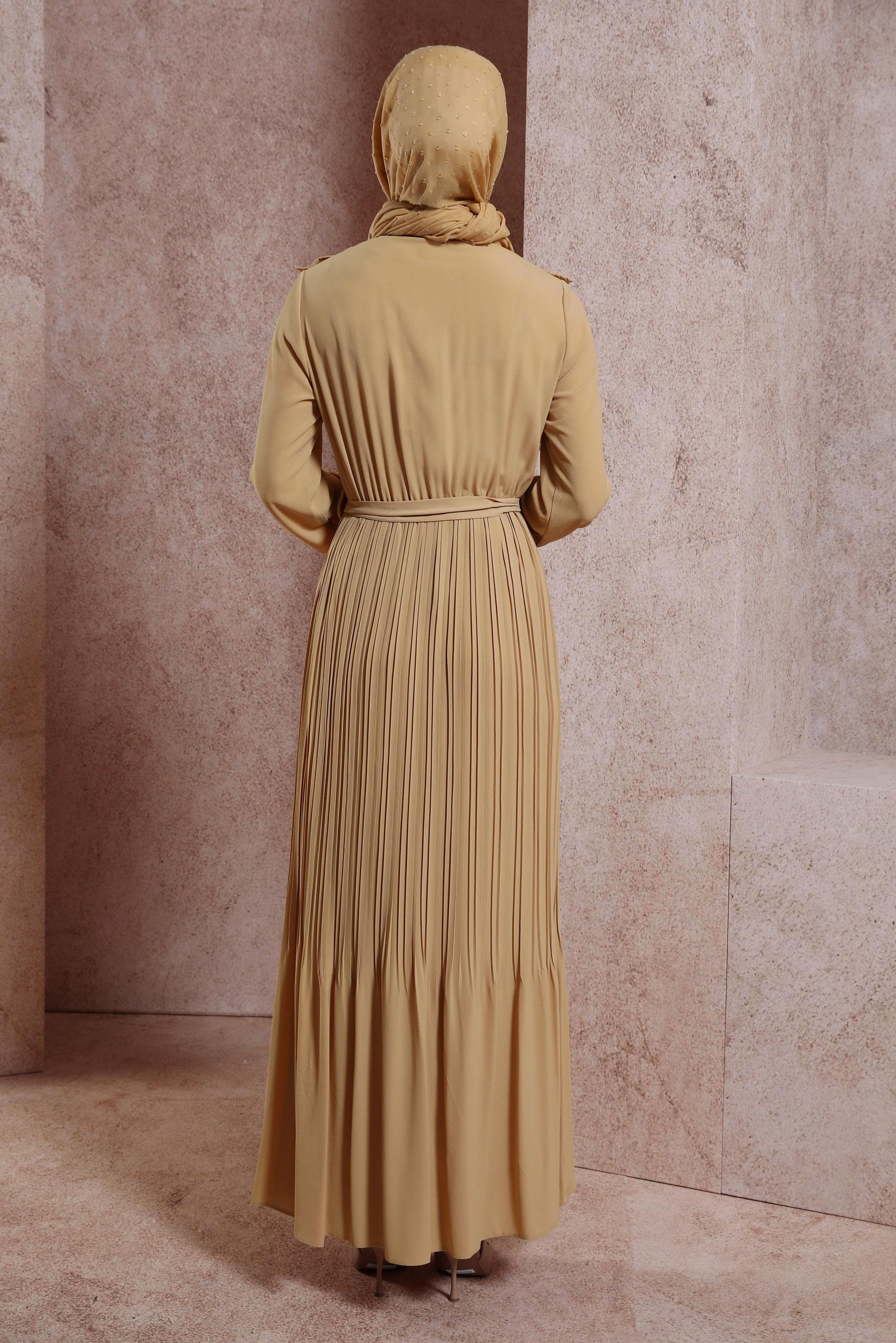 Tesettür giyim KAHVE KUŞAKLI FIRFIRLI ELBİSE 43899