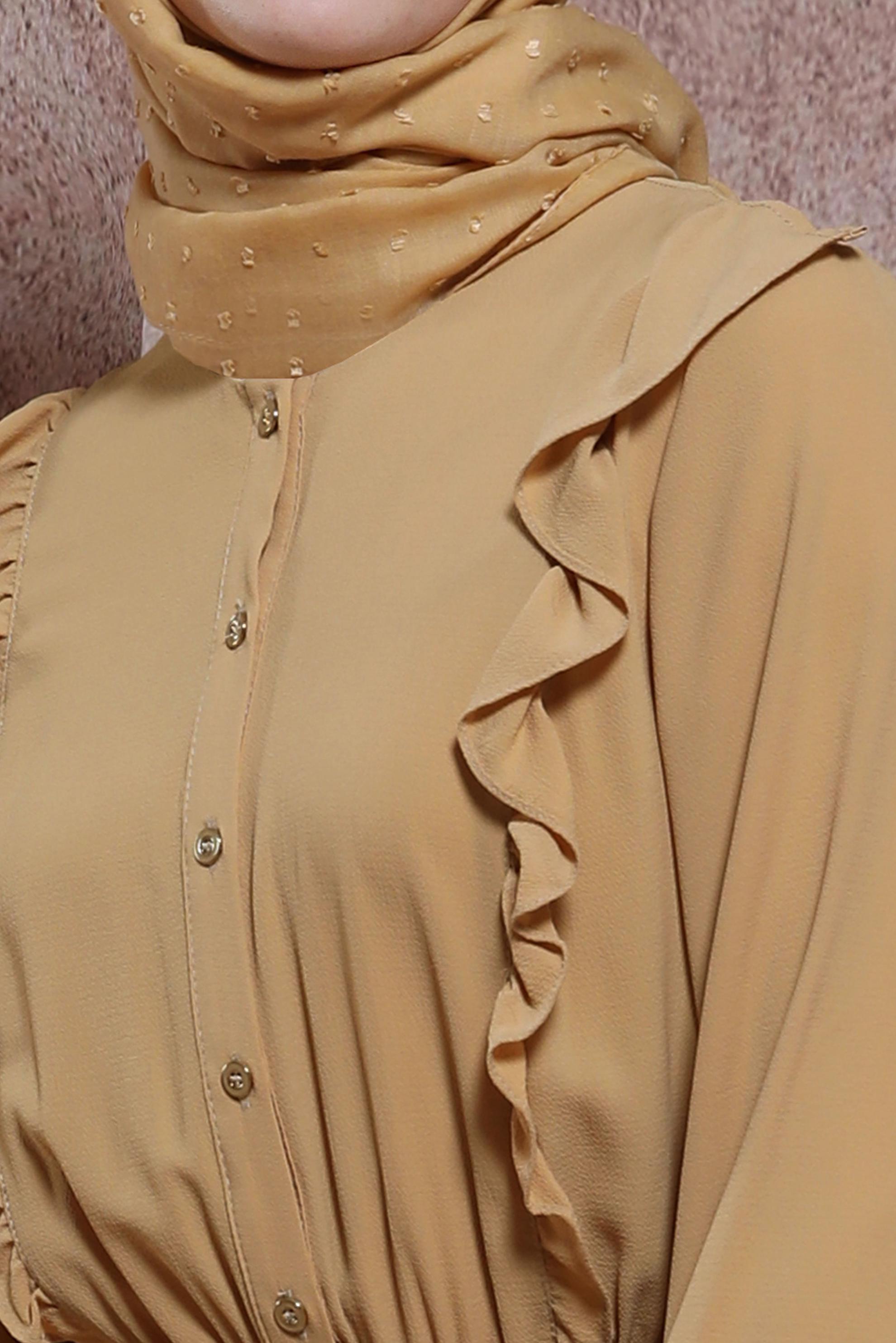 Tesettür giyim KAHVE KUŞAKLI FIRFIRLI ELBİSE 43899