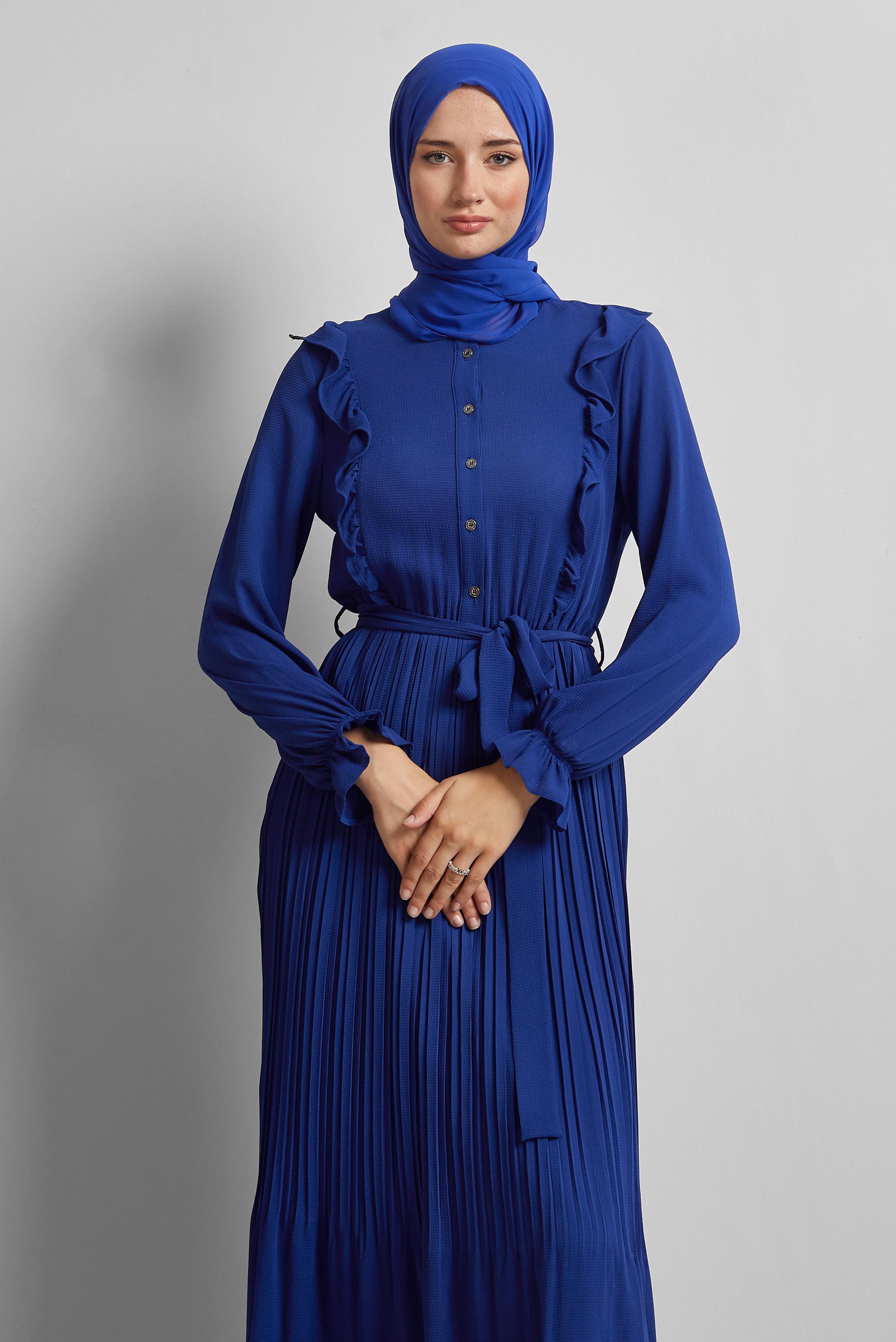 Tesettür giyim LACİVERT KUŞAKLI FIRFIRLI ELBİSE 43899