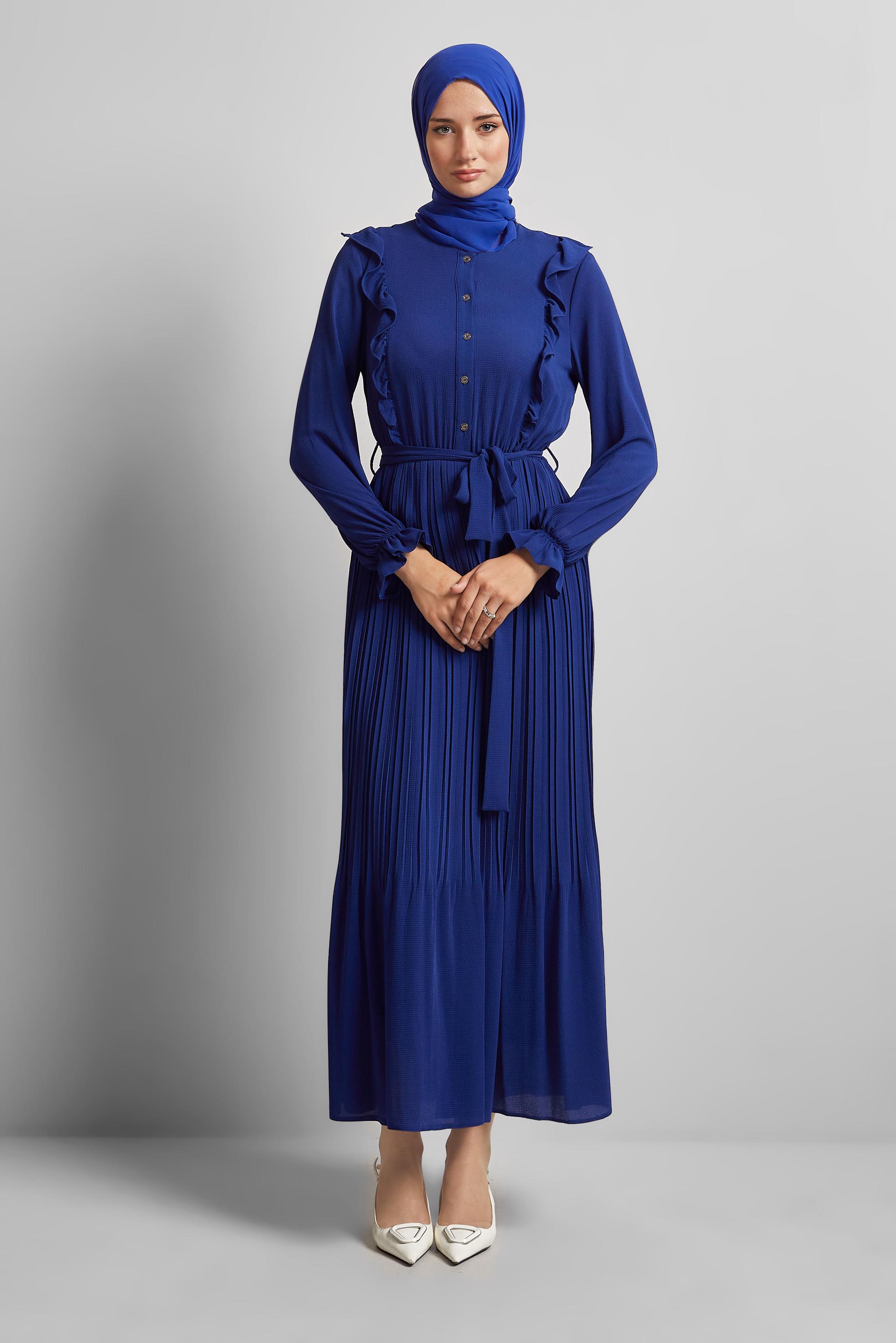 Tesettür giyim LACİVERT KUŞAKLI FIRFIRLI ELBİSE 43899