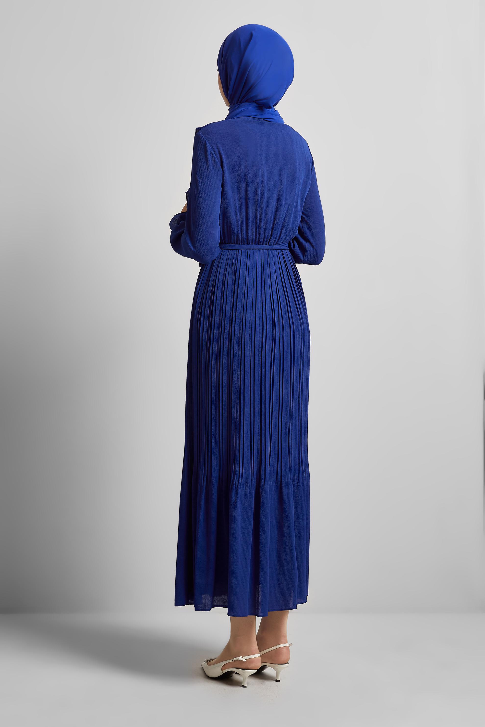 Tesettür giyim LACİVERT KUŞAKLI FIRFIRLI ELBİSE 43899