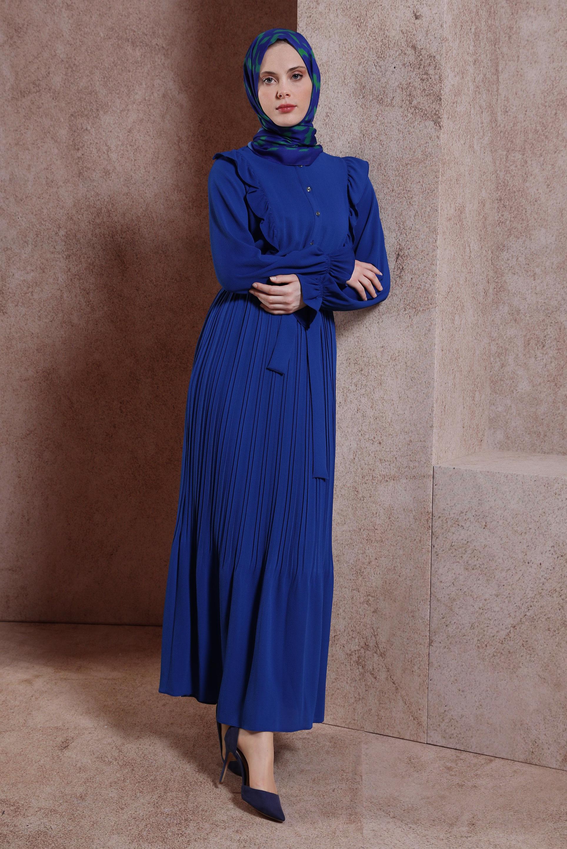 Tesettür giyim MAVİ KUŞAKLI FIRFIRLI ELBİSE 43899