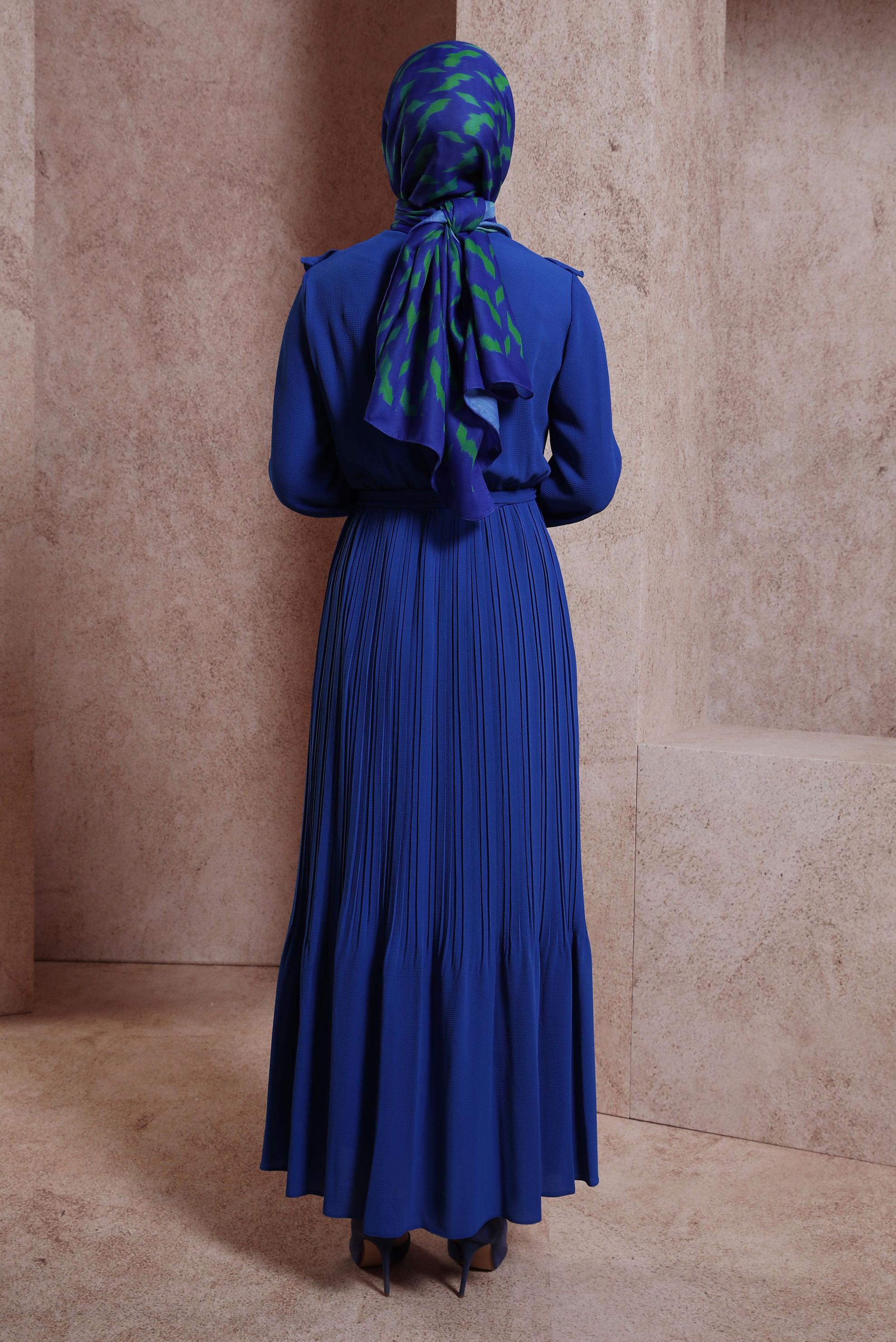 Tesettür giyim MAVİ KUŞAKLI FIRFIRLI ELBİSE 43899