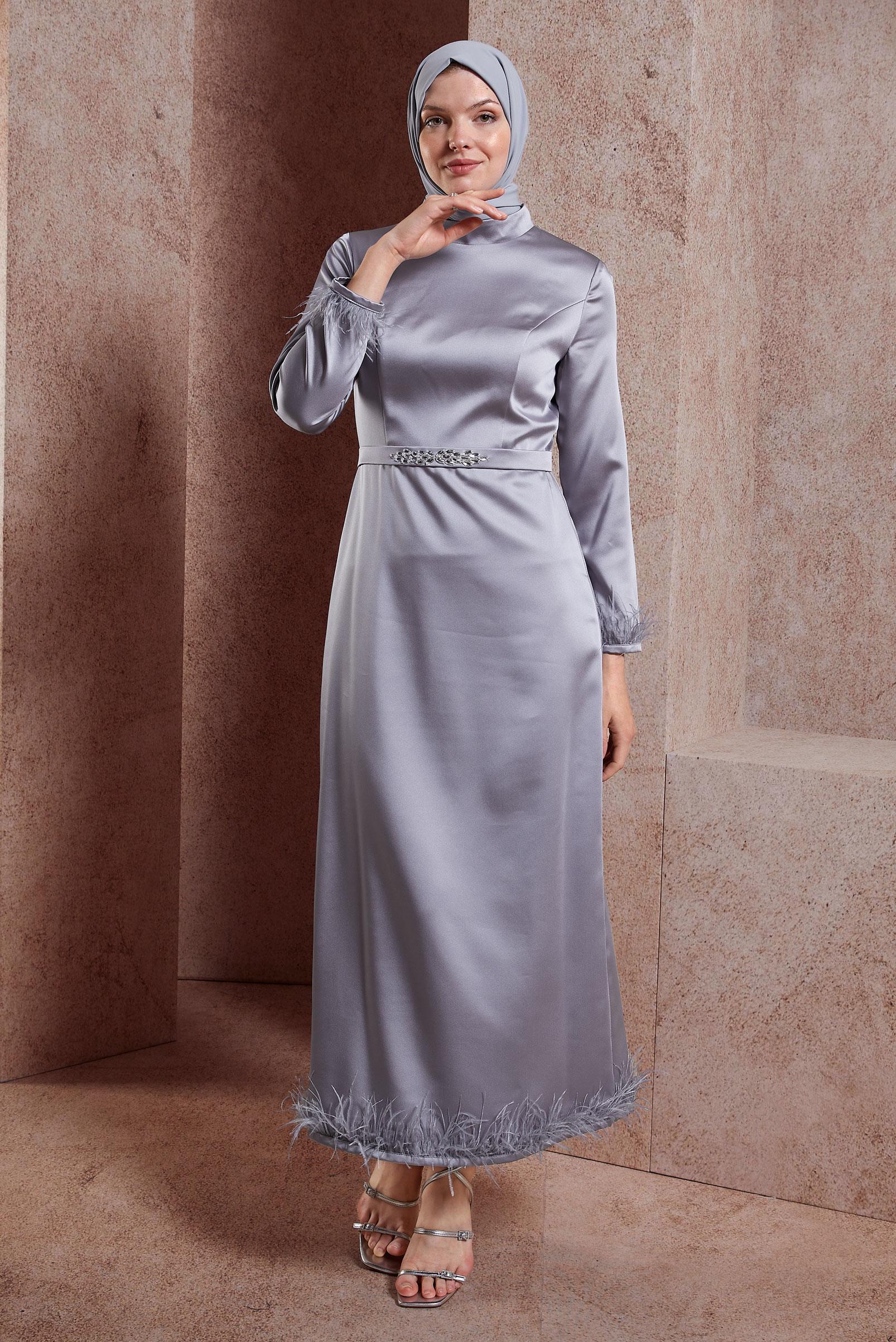 Tesettür giyim GRİ TÜY DETAYLI TAŞLI ELBİSE 43939