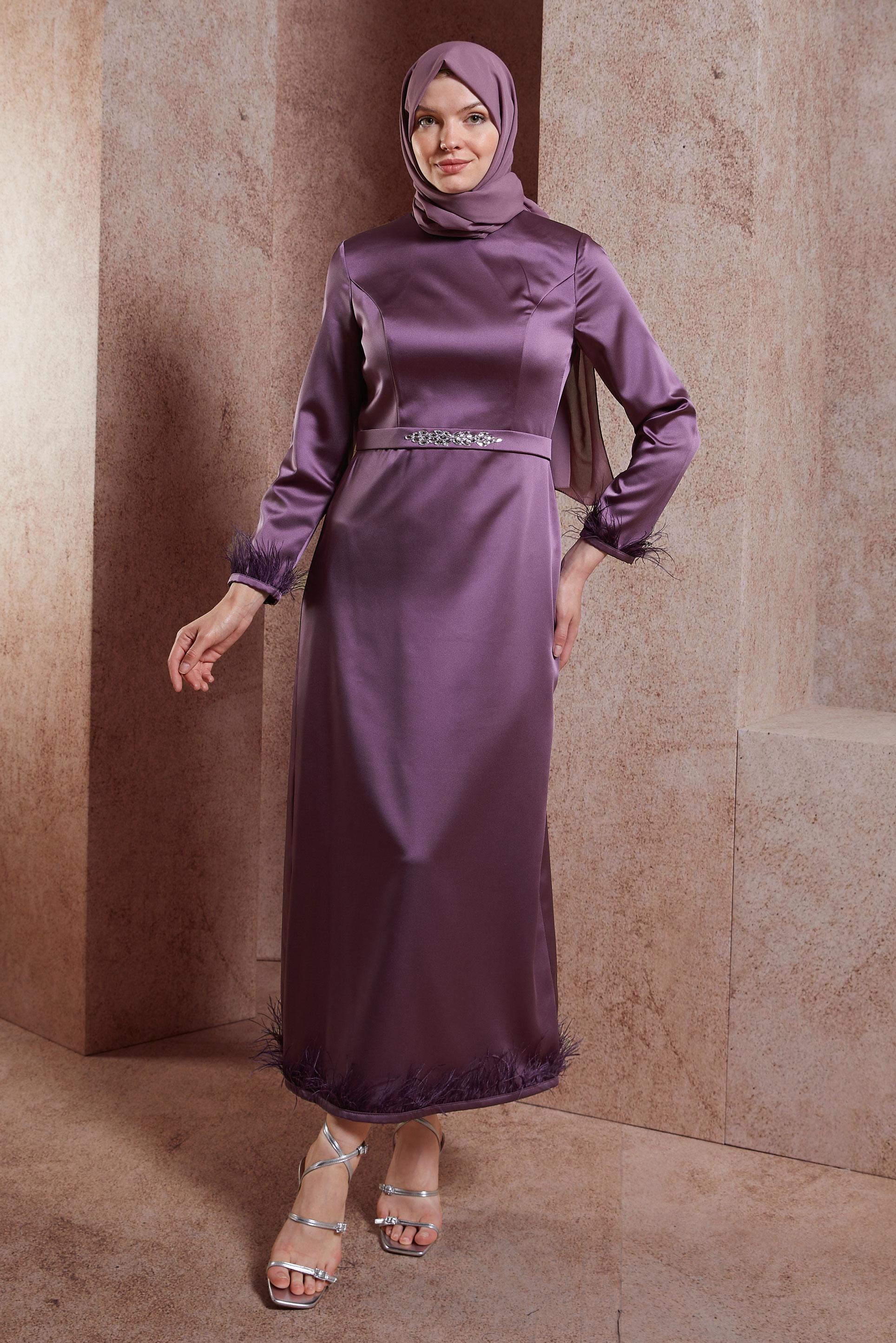Tesettür giyim MOR TÜY DETAYLI TAŞLI ELBİSE 43939