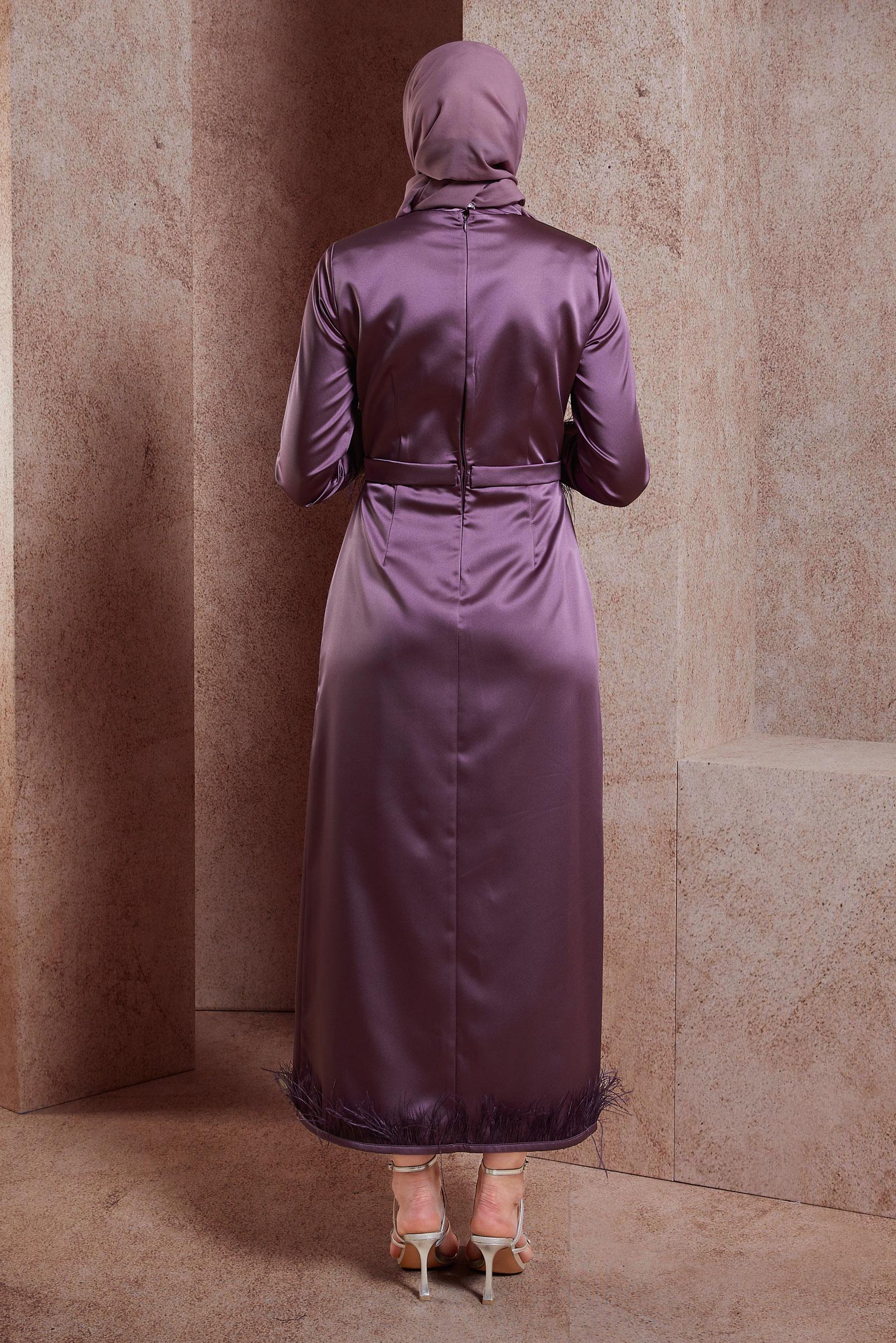 Tesettür giyim MOR TÜY DETAYLI TAŞLI ELBİSE 43939