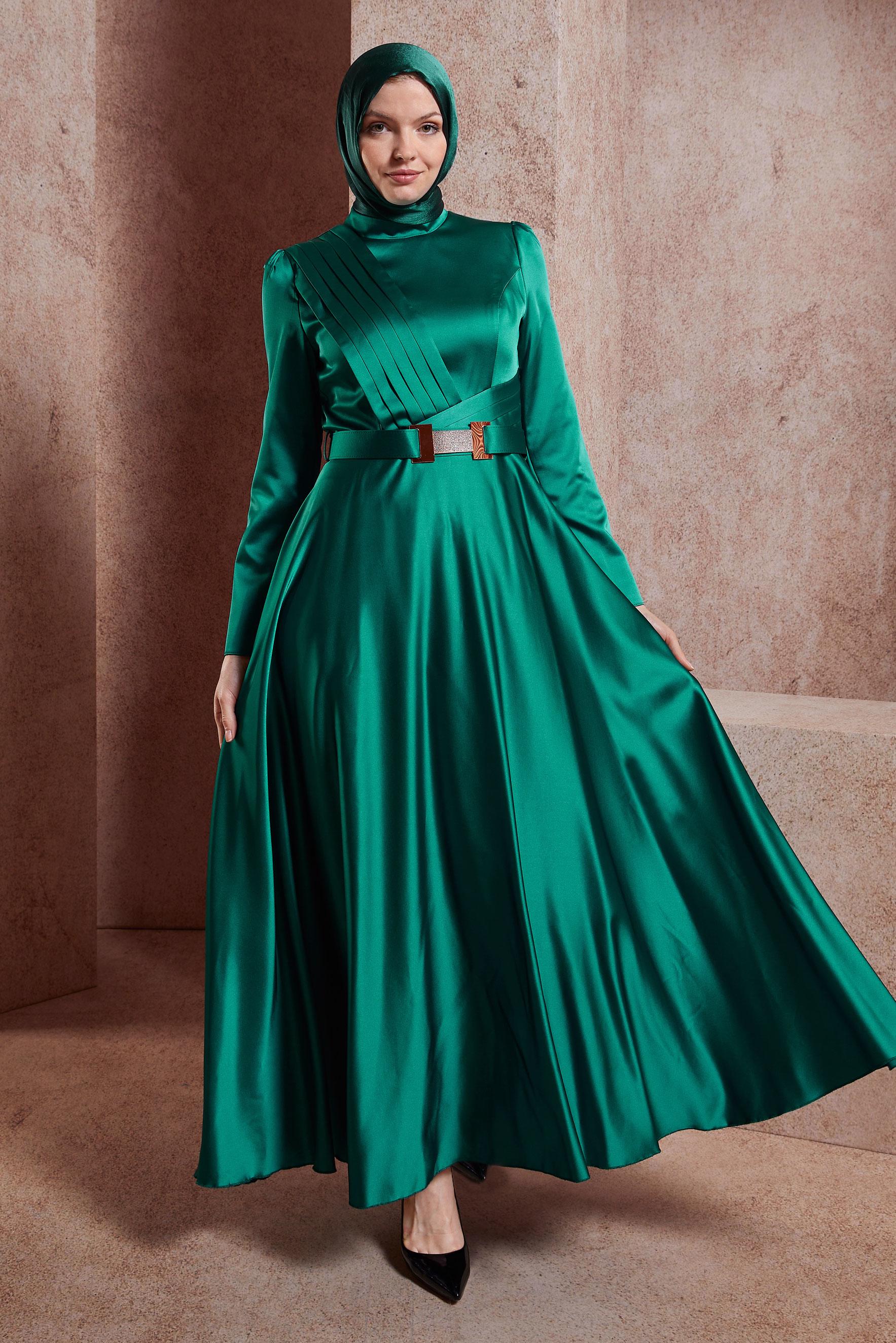 Hijab clothing GREEN BELTED SATIN DRESS 43944