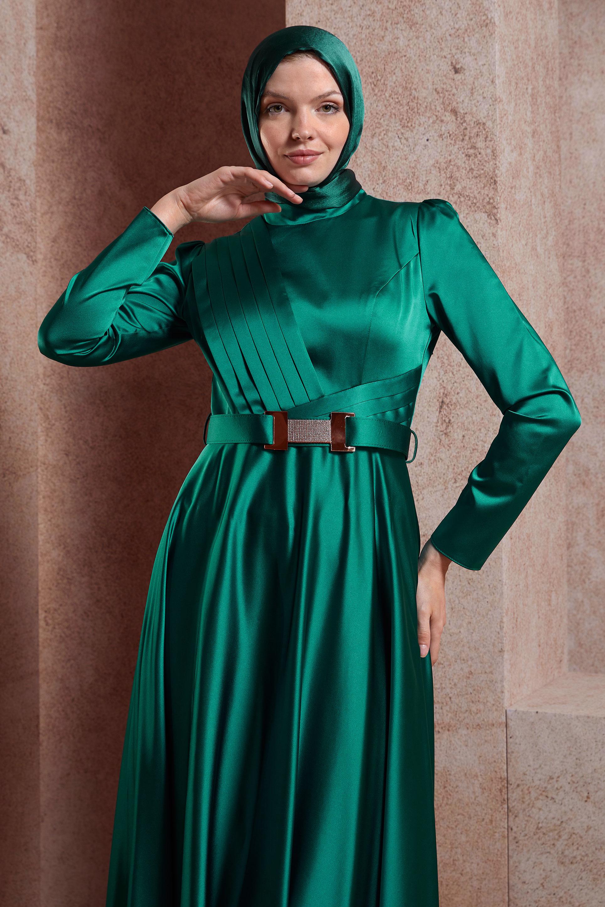 Hijab clothing GREEN BELTED SATIN DRESS 43944
