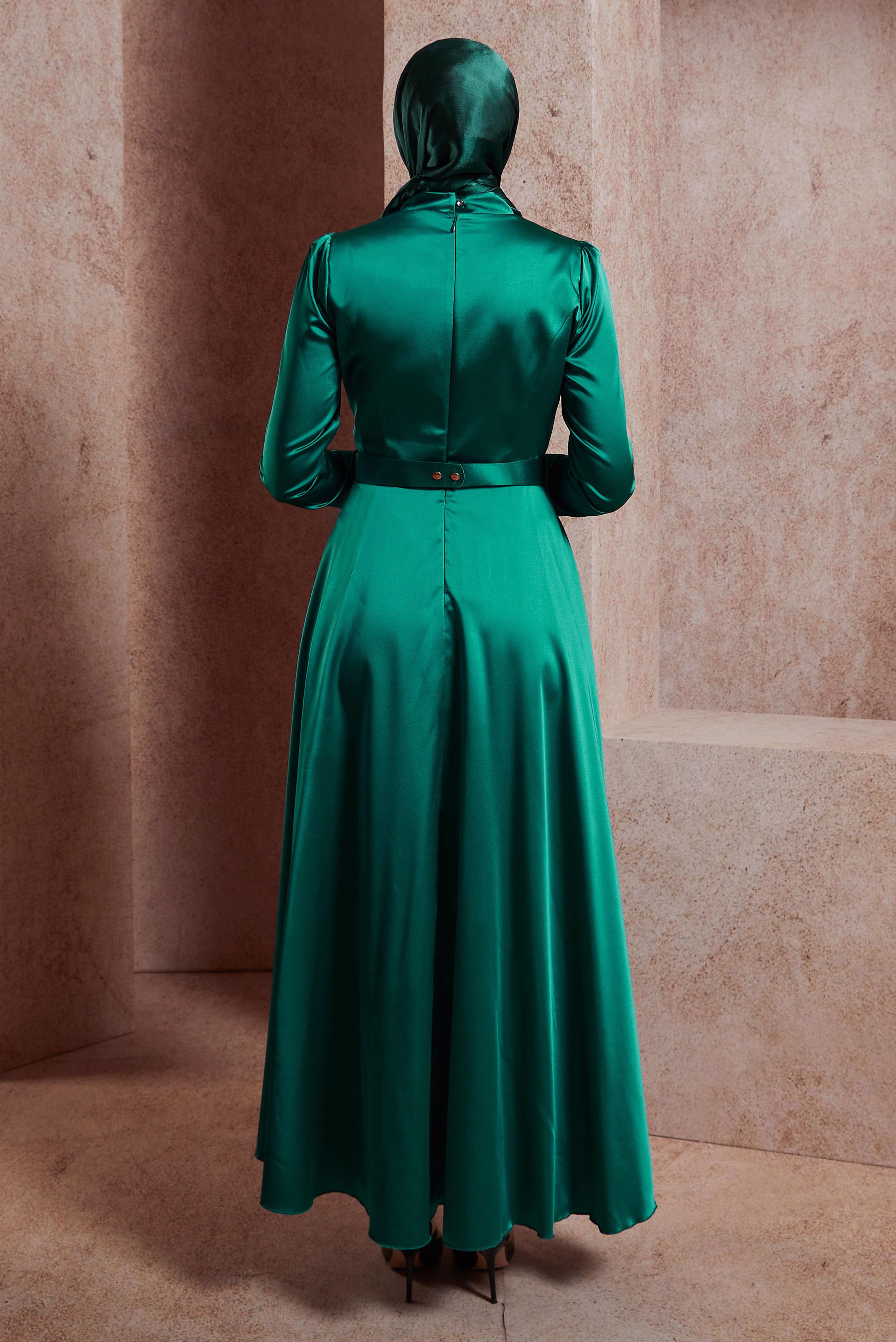 Hijab clothing GREEN BELTED SATIN DRESS 43944