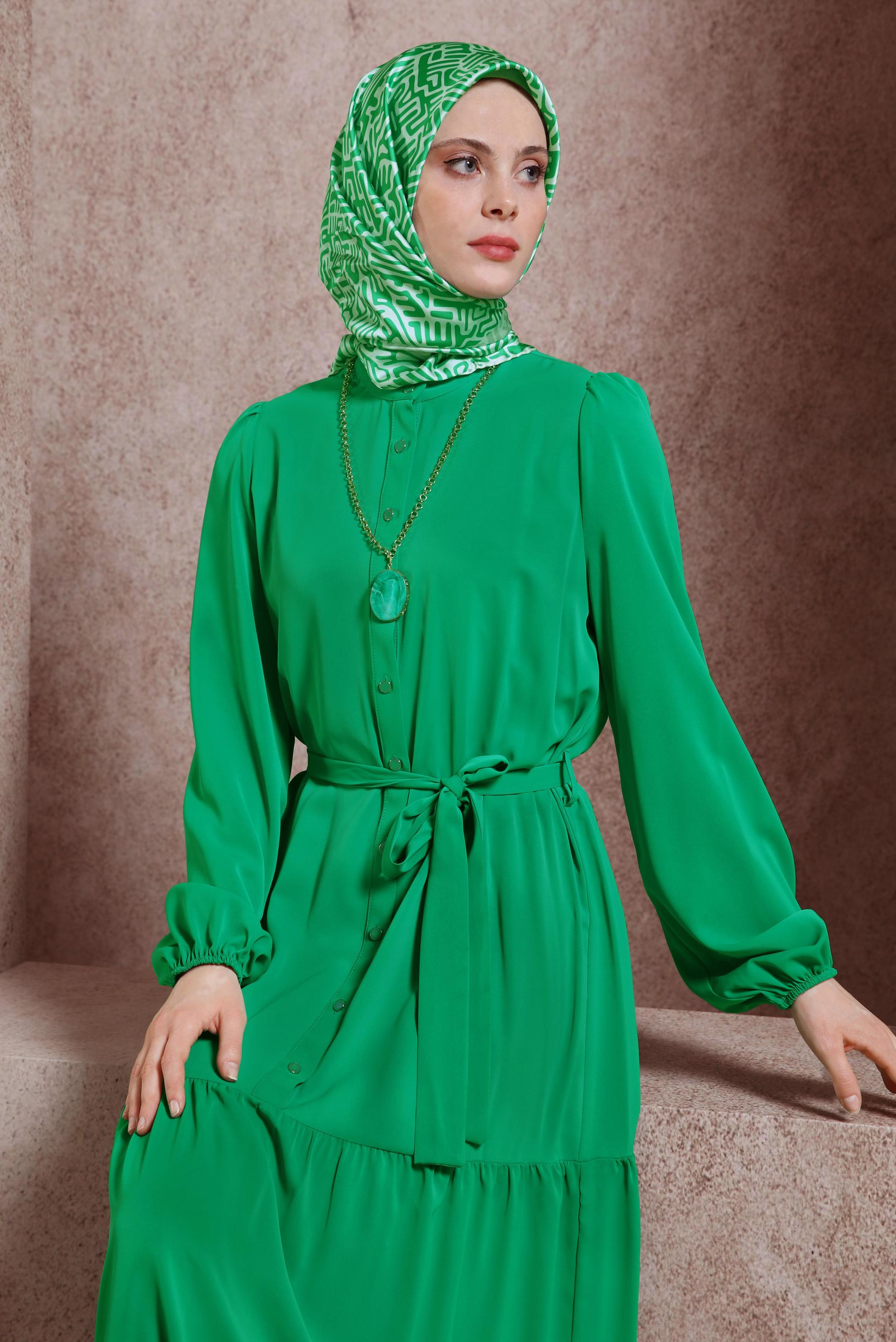 Hijab clothing GREEN BELTED DRESS 43949