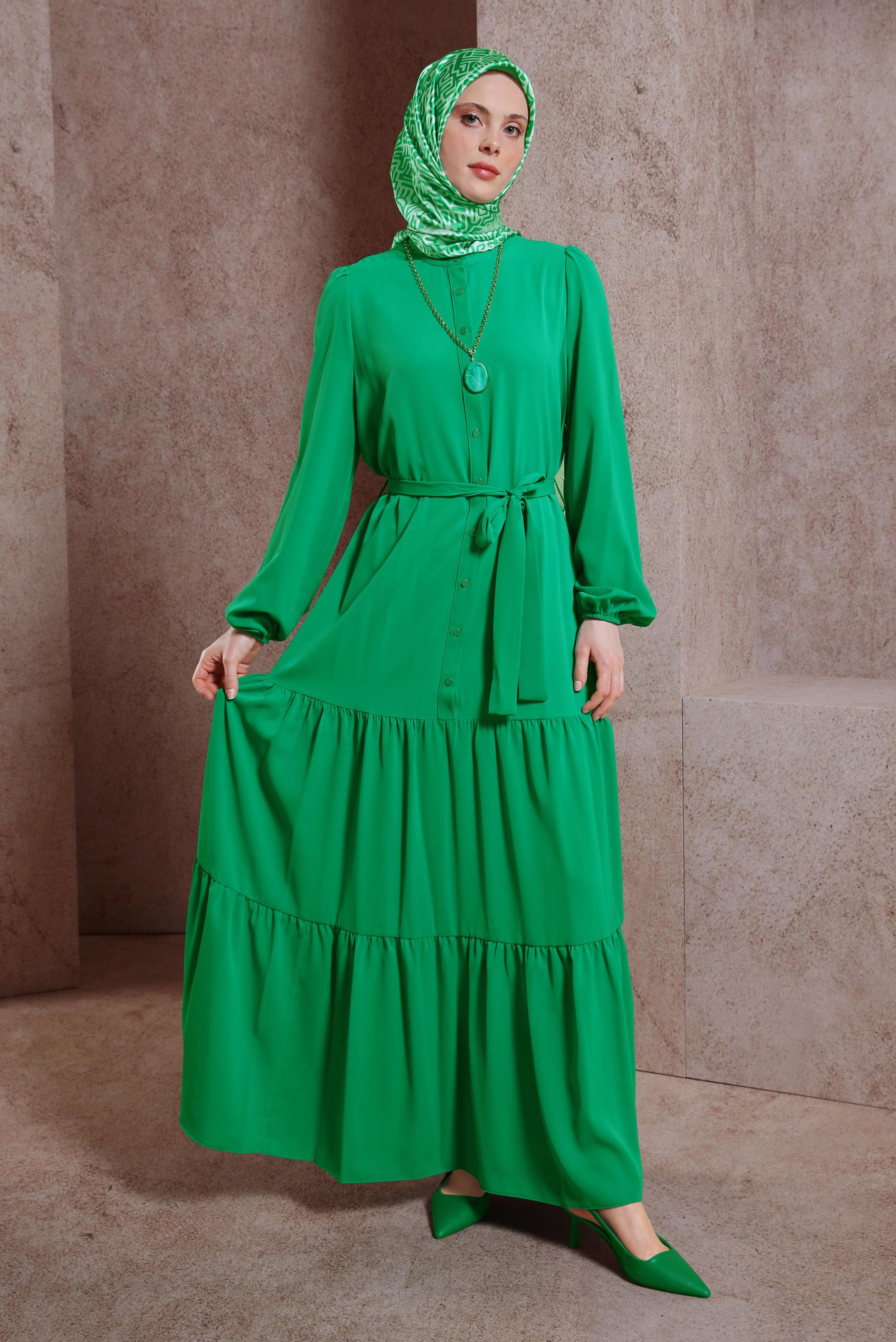 Hijab clothing GREEN BELTED DRESS 43949