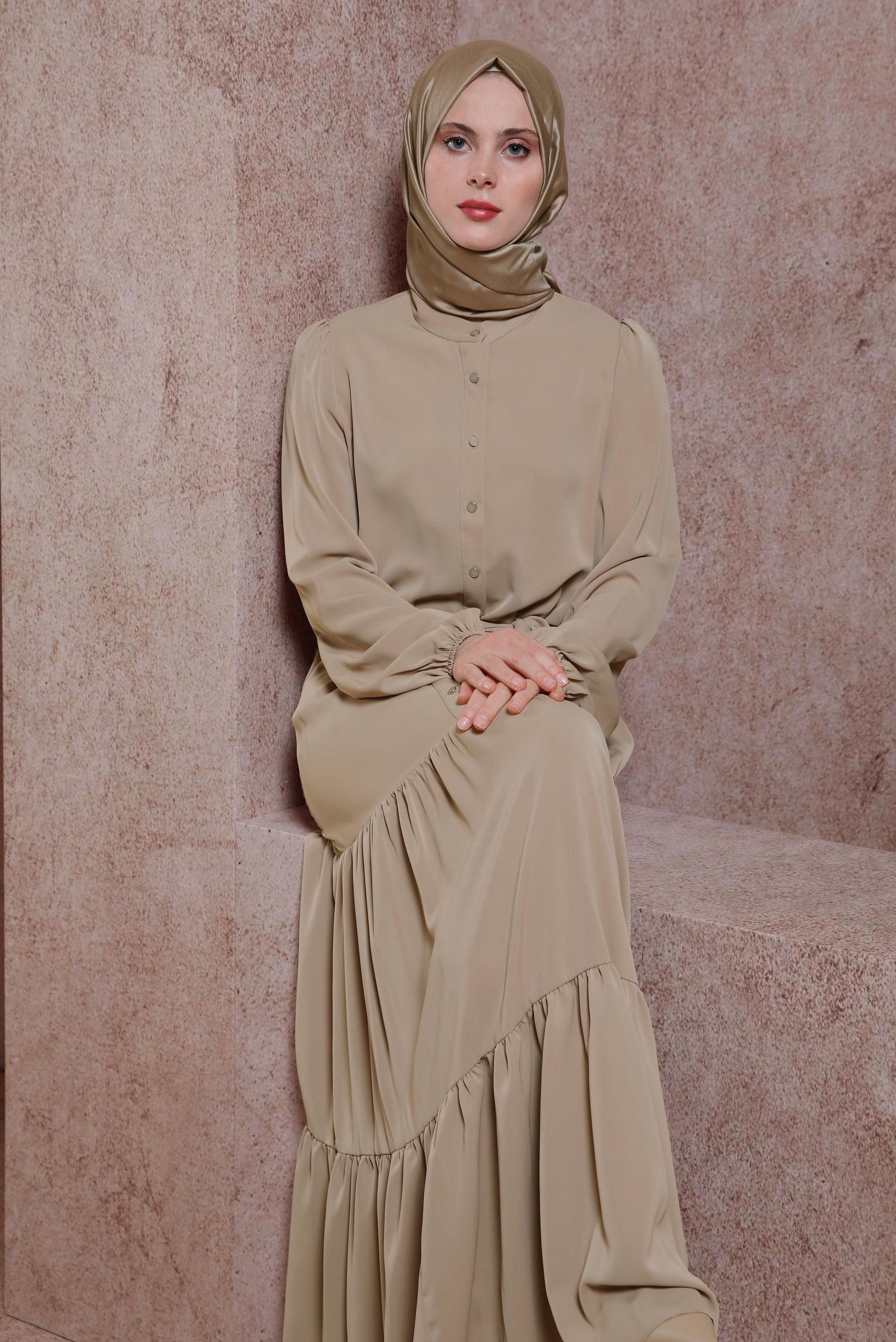 Tesettür giyim KAHVE KUŞAKLI ELBİSE 43949