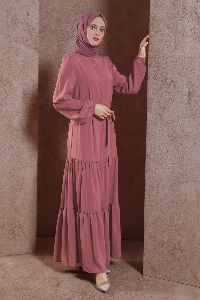 Tesettür giyim PEMBE KUŞAKLI ELBİSE 43949 - ALVİNA