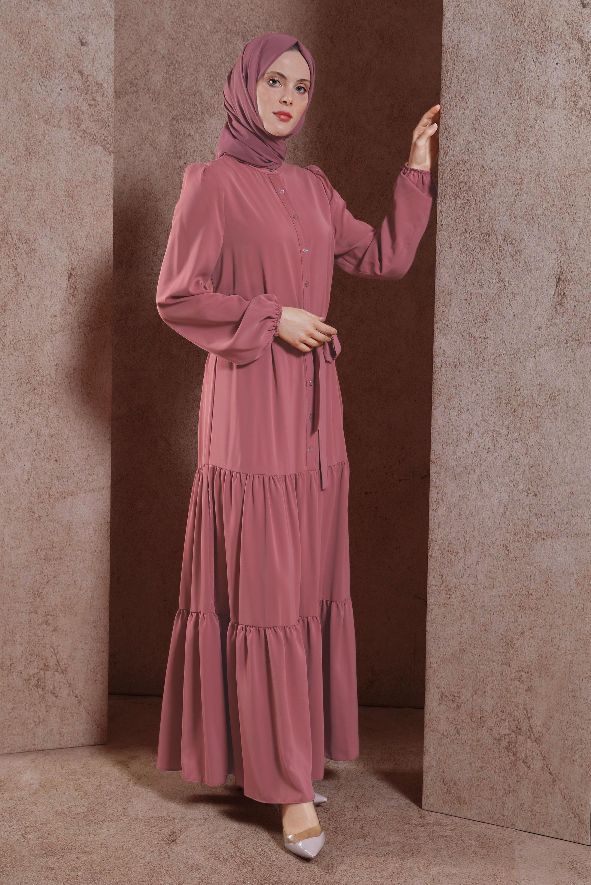Tesettür giyim PEMBE KUŞAKLI ELBİSE 43949