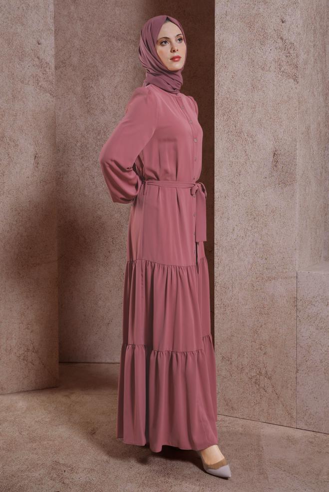 Tesettür giyim PEMBE KUŞAKLI ELBİSE 43949 - ALVİNA