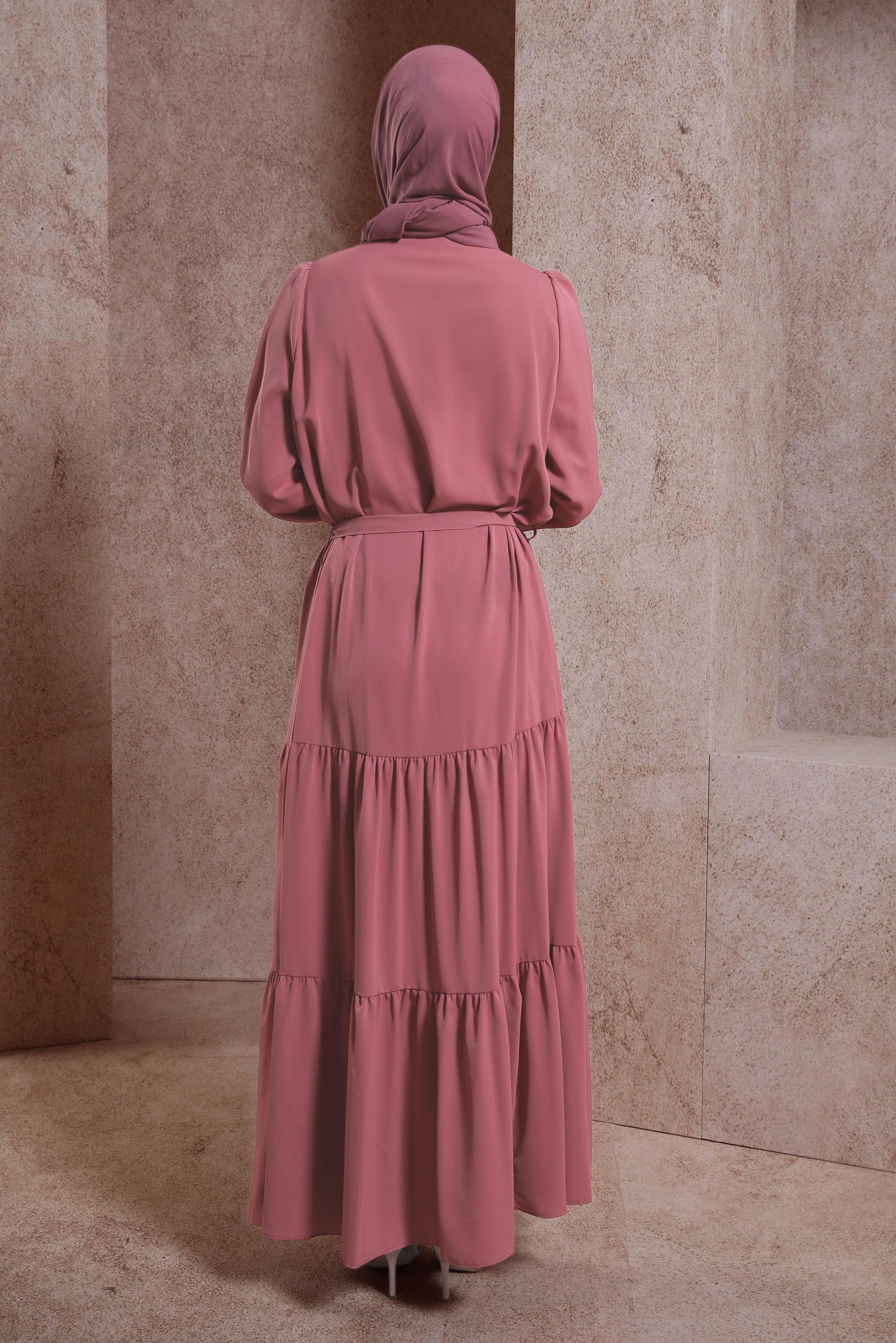 Tesettür giyim PEMBE KUŞAKLI ELBİSE 43949