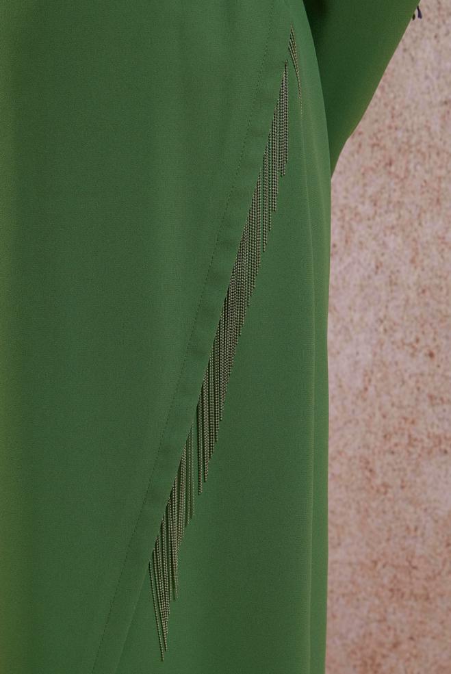 Tesettür giyim HAKİ PÜSKÜL DETAYLI KREP ELBİSE 44180 - ALVİNA