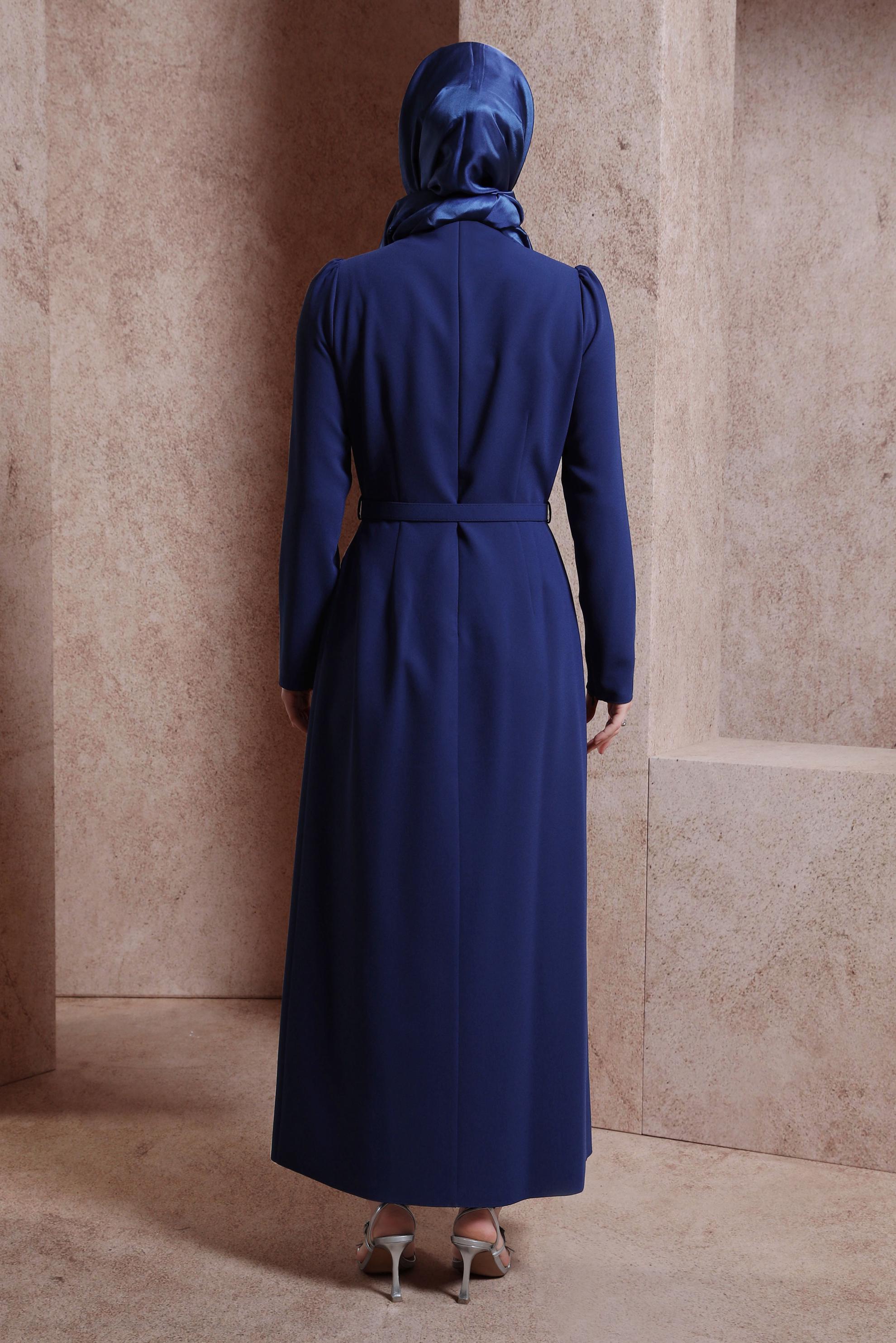 Tesettür giyim LACİVERT PÜSKÜL DETAYLI KREP ELBİSE 44180