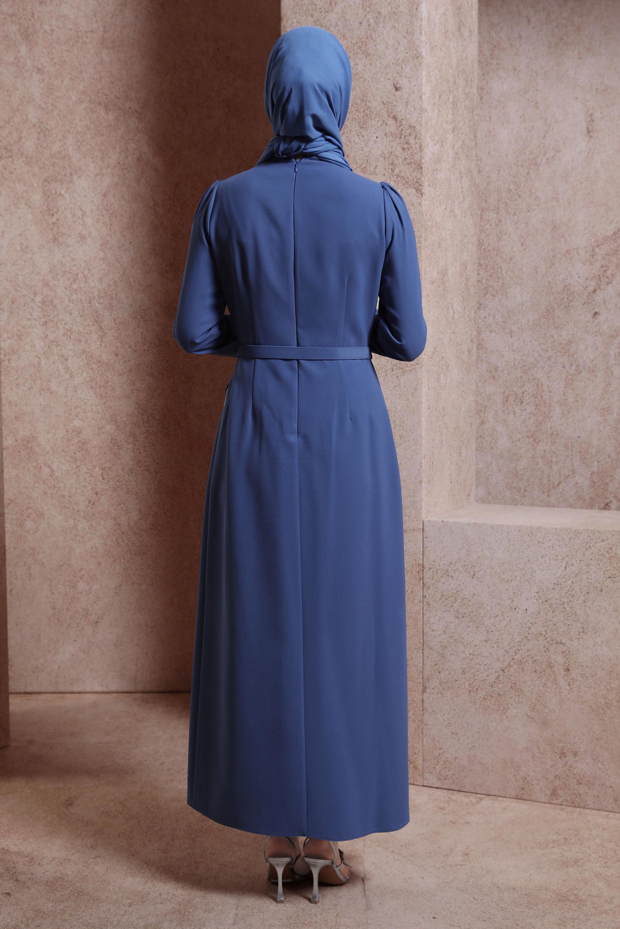 Tesettür giyim LACİVERT PÜSKÜL DETAYLI KREP ELBİSE 44180