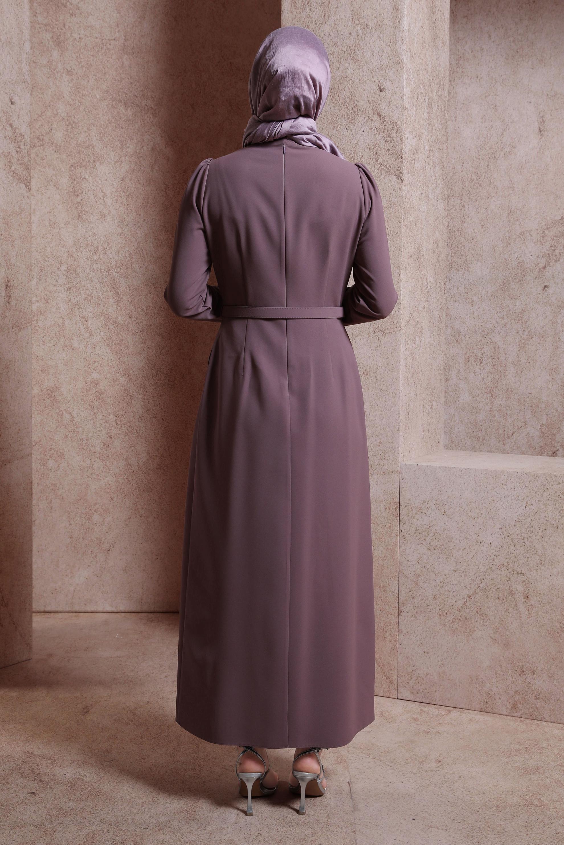 Tesettür giyim PEMBE PÜSKÜL DETAYLI KREP ELBİSE 44180