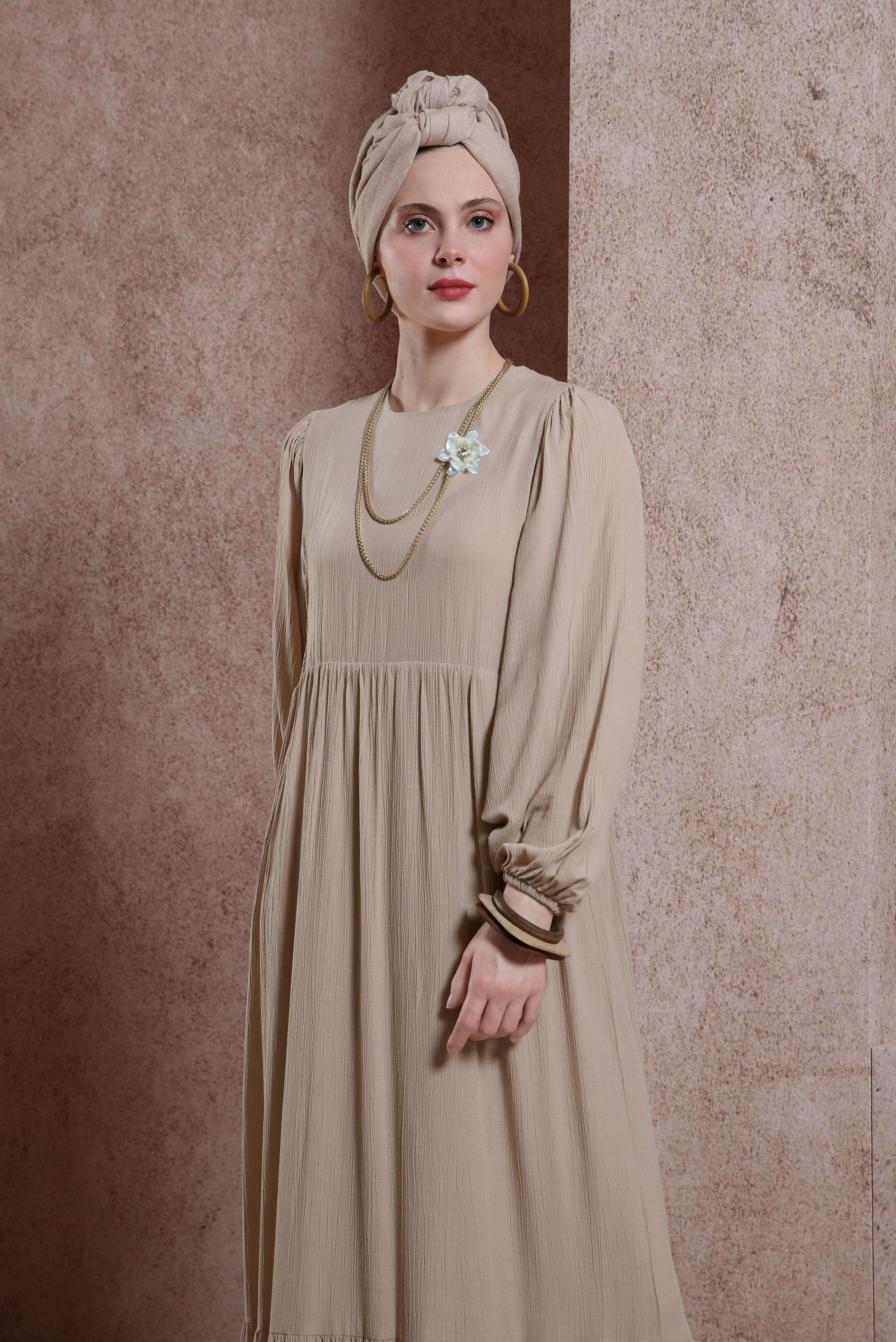 Hijab clothing BEIGE MODEST DRESS WITH CHAIN 44427