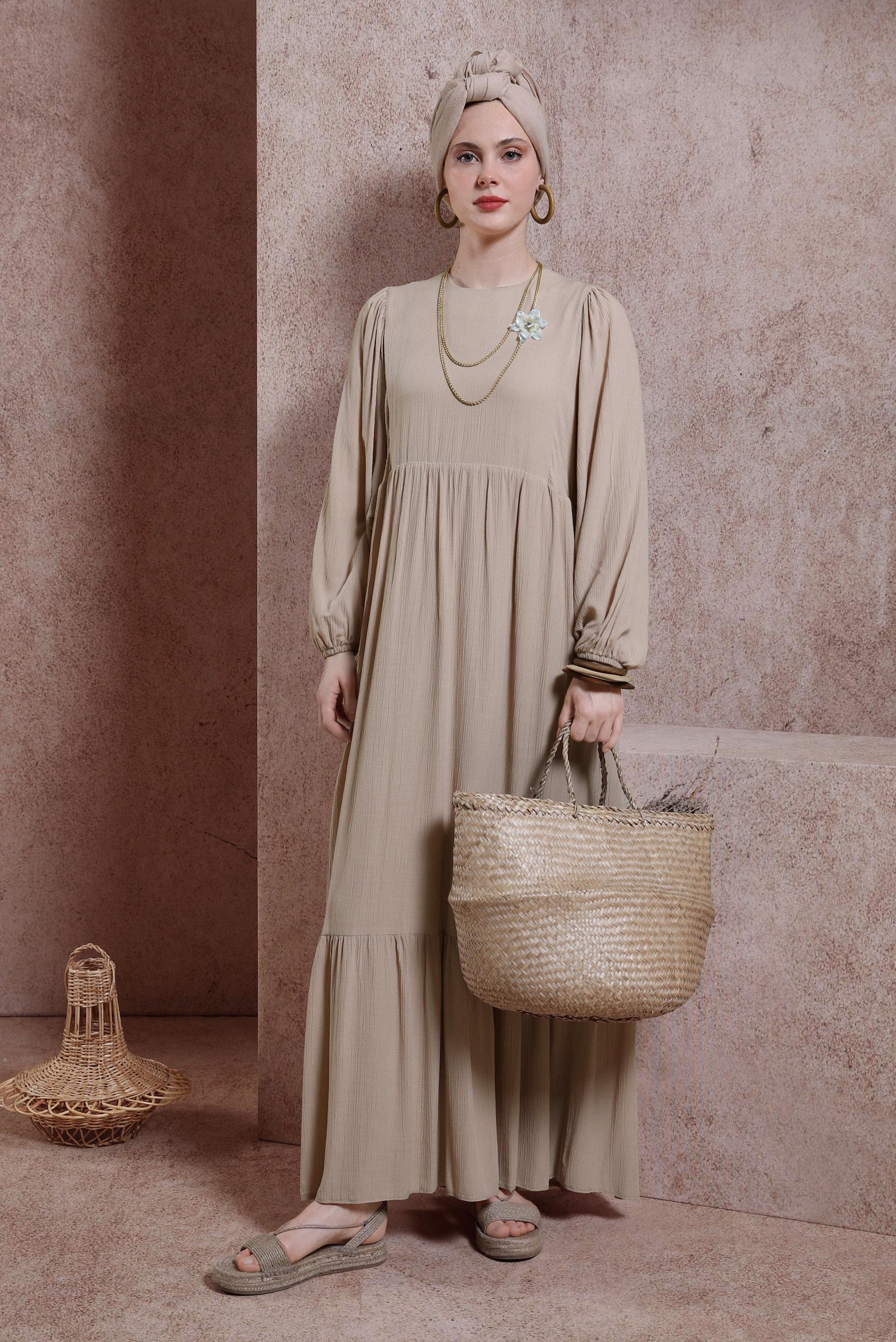 Hijab clothing BEIGE MODEST DRESS WITH CHAIN 44427