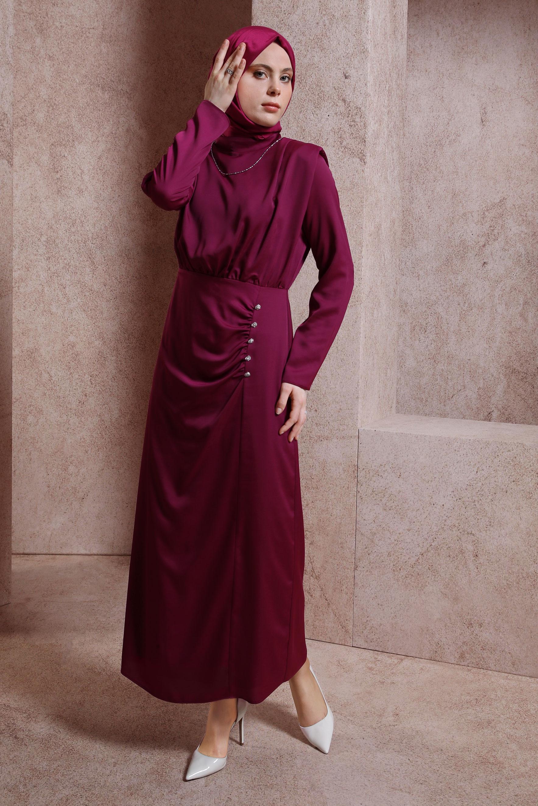 Hijab clothing PURPLE BUTTON DETAIL SATIN DRESS 44429