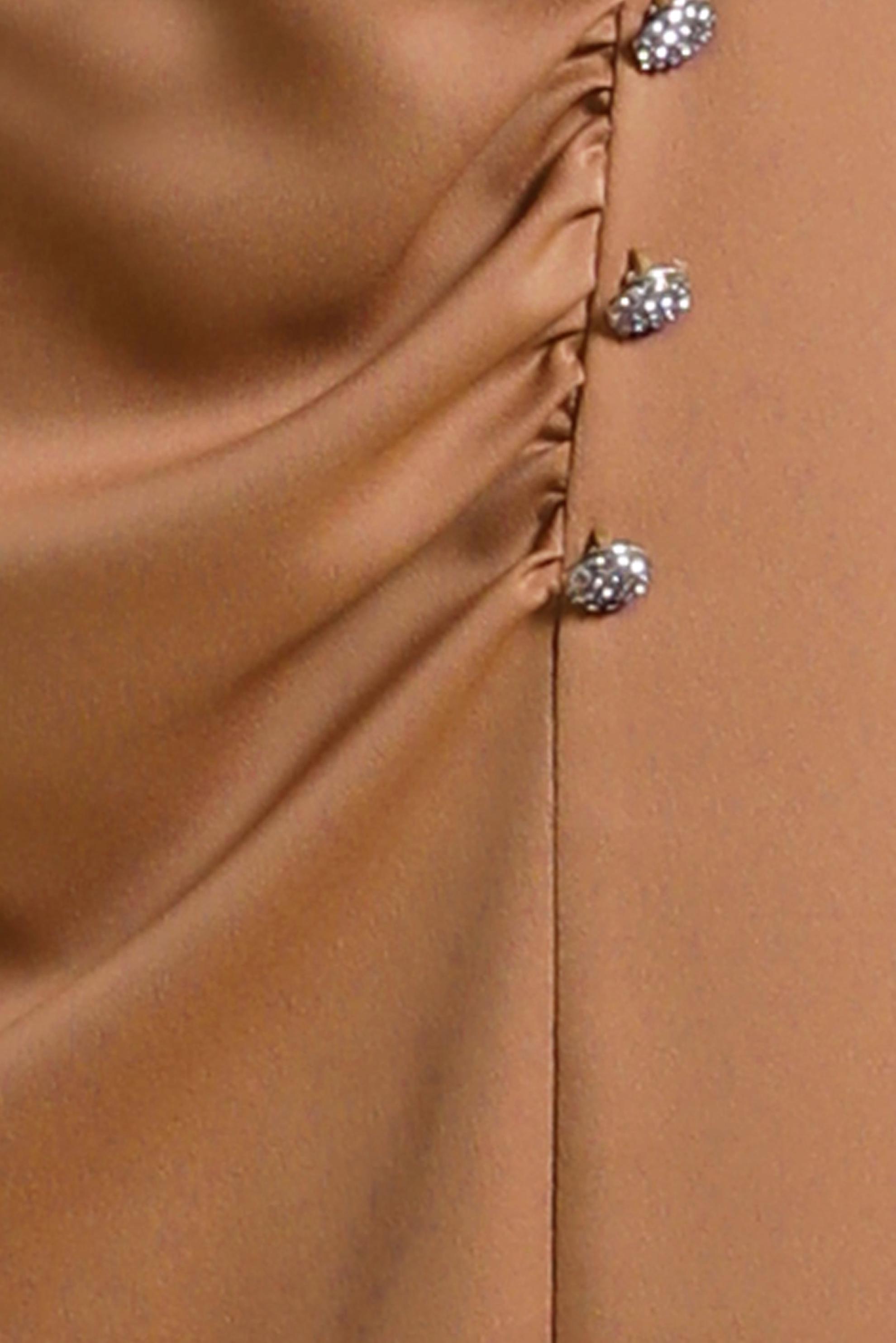 Tesettür giyim KAHVE DÜĞME DETAYLI SATEN ELBİSE 44429