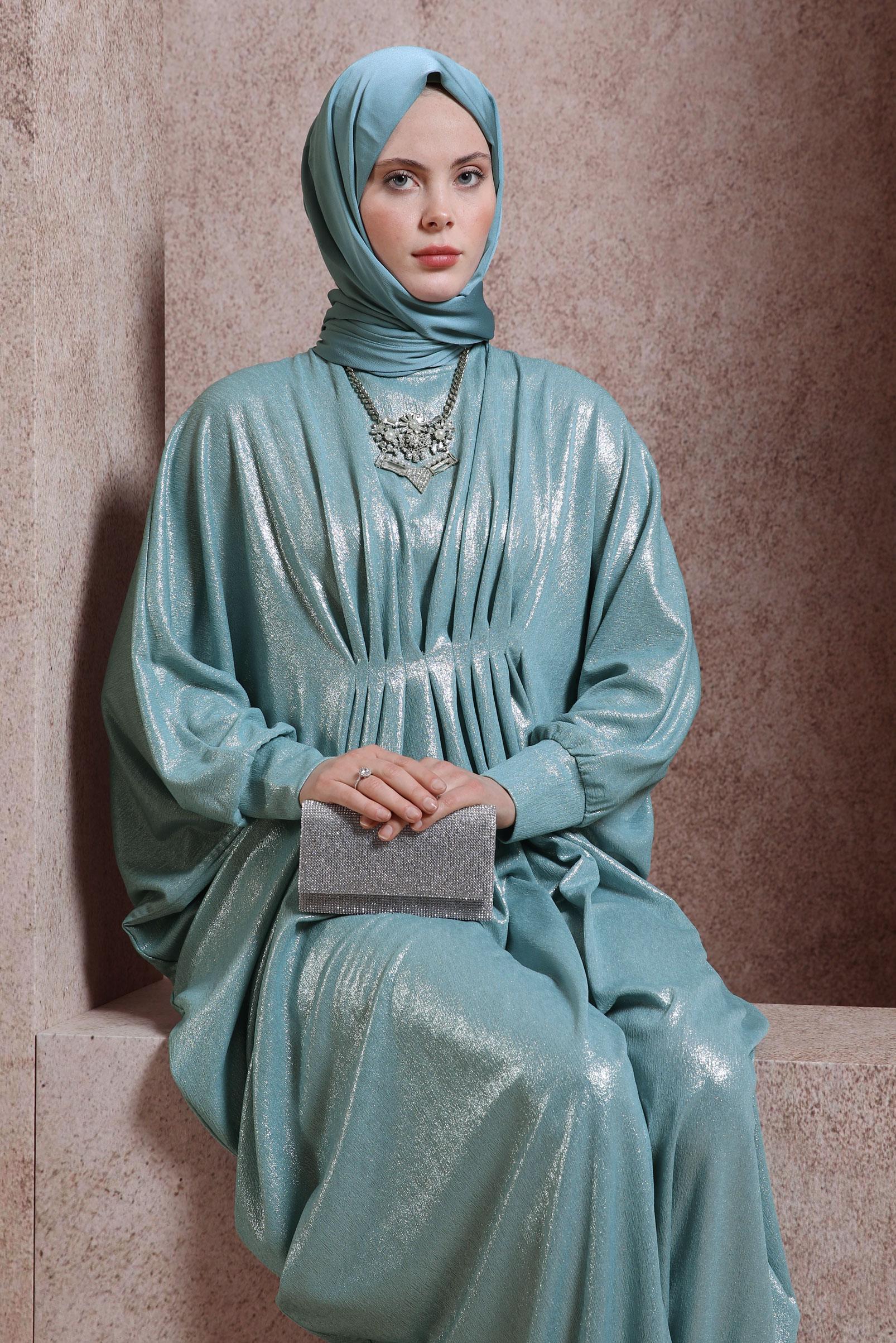 Tesettür giyim YEŞİL YARASA KOL BÜZGÜLÜ ELBİSE 44432