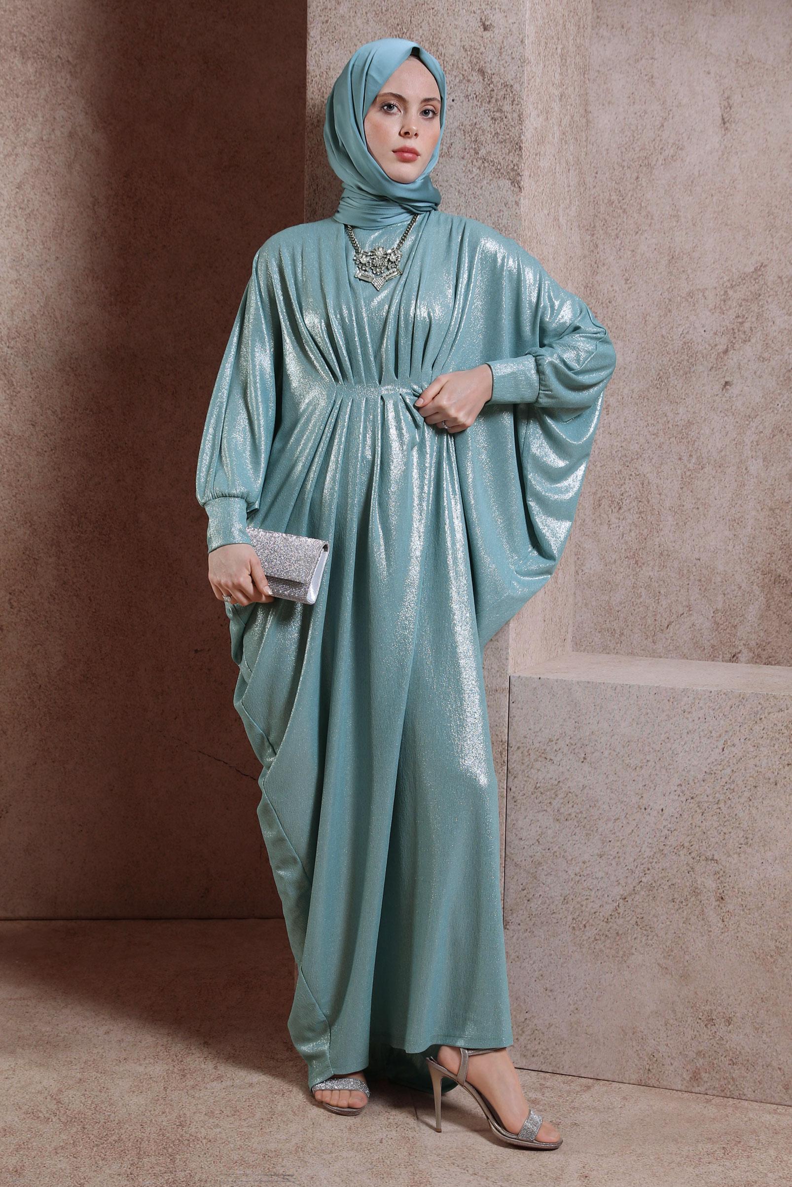 Tesettür giyim YEŞİL YARASA KOL BÜZGÜLÜ ELBİSE 44432