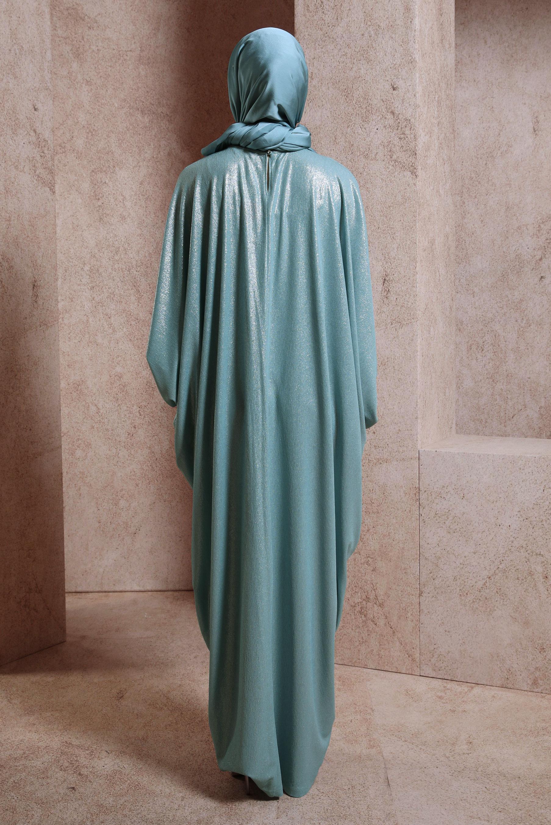 Tesettür giyim YEŞİL YARASA KOL BÜZGÜLÜ ELBİSE 44432