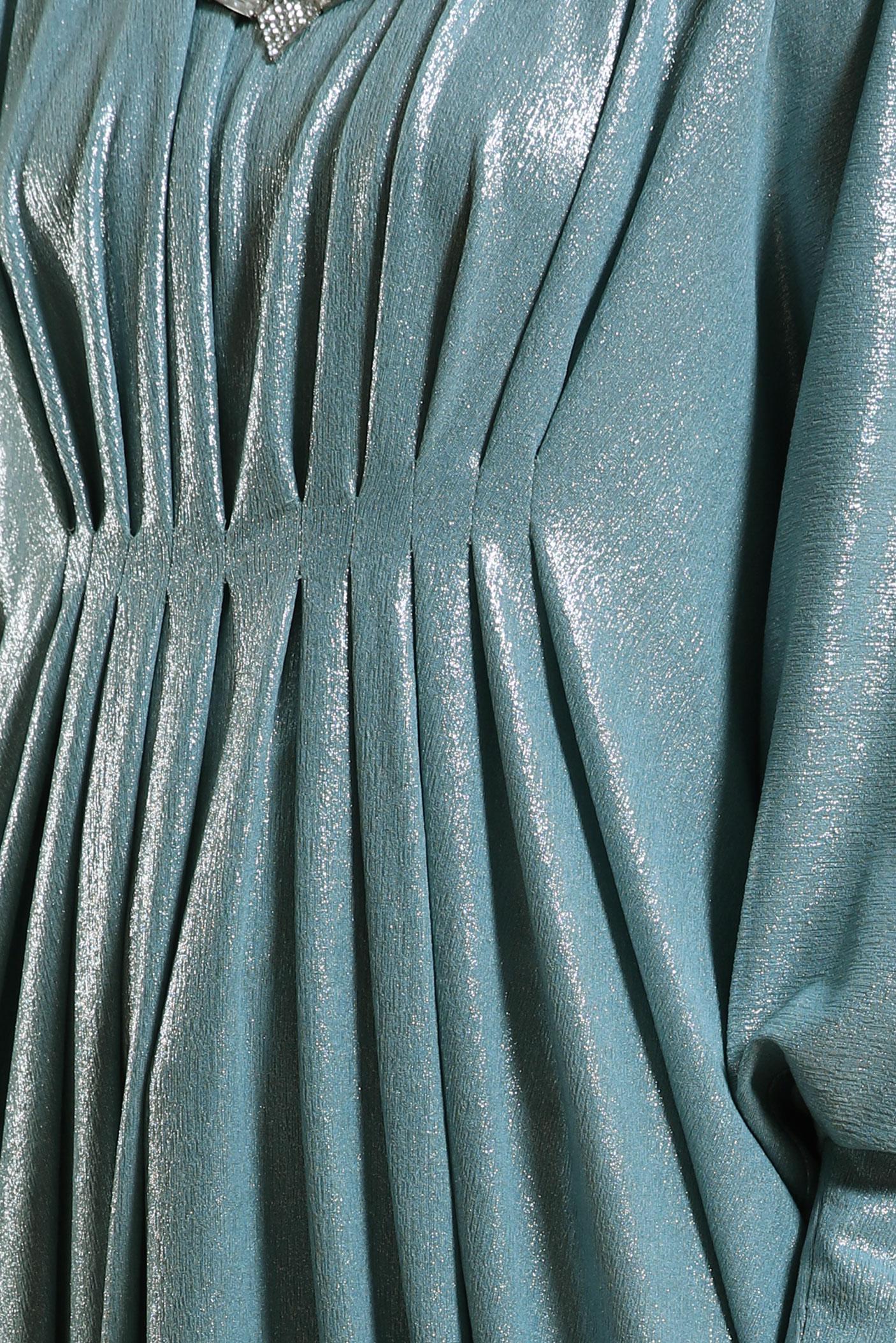 Tesettür giyim YEŞİL YARASA KOL BÜZGÜLÜ ELBİSE 44432