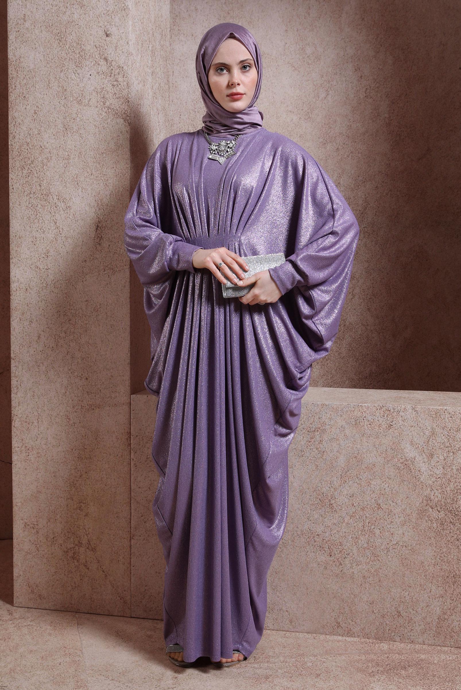 Tesettür giyim MOR YARASA KOL BÜZGÜLÜ ELBİSE 44432