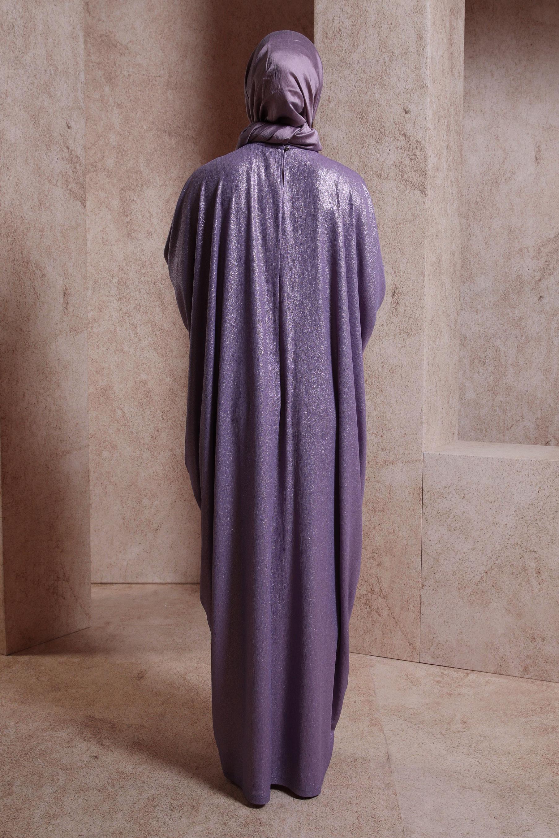 Tesettür giyim MOR YARASA KOL BÜZGÜLÜ ELBİSE 44432