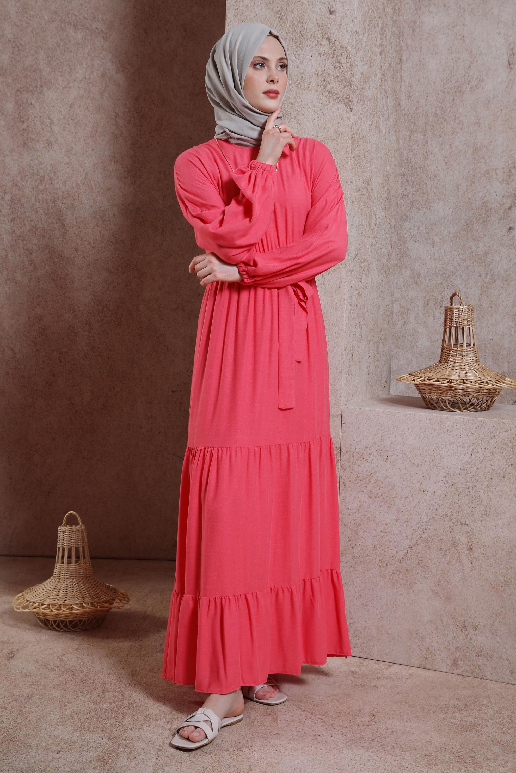 Tesettür giyim MERCAN KUŞAKLI ELBİSE 44439