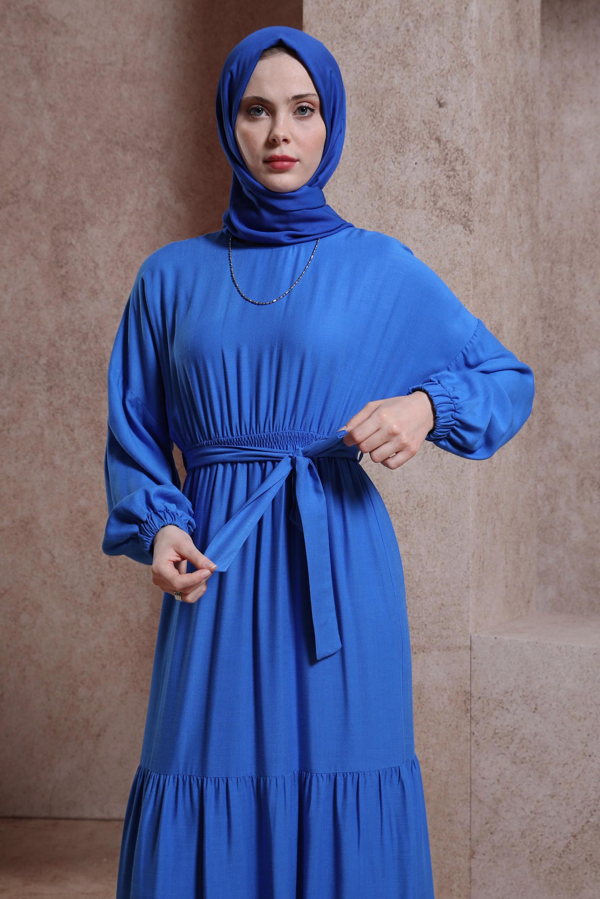 Tesettür giyim LACİVERT KUŞAKLI ELBİSE 44439