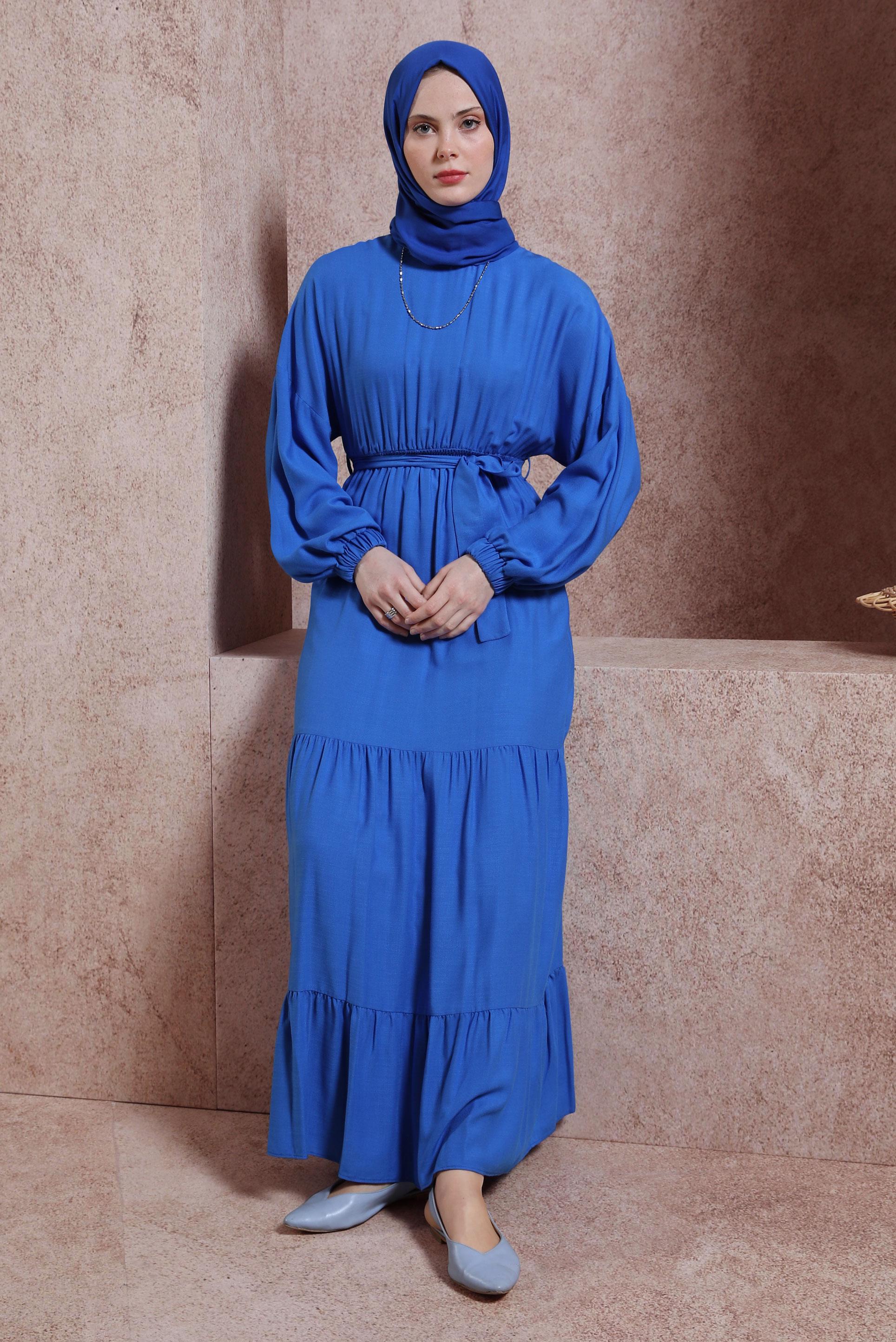 Tesettür giyim LACİVERT KUŞAKLI ELBİSE 44439