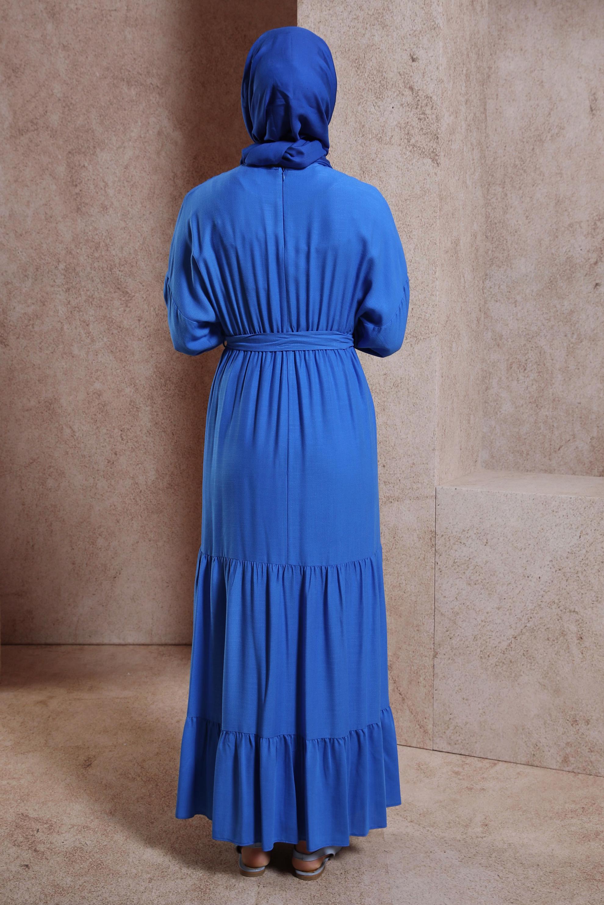 Tesettür giyim LACİVERT KUŞAKLI ELBİSE 44439