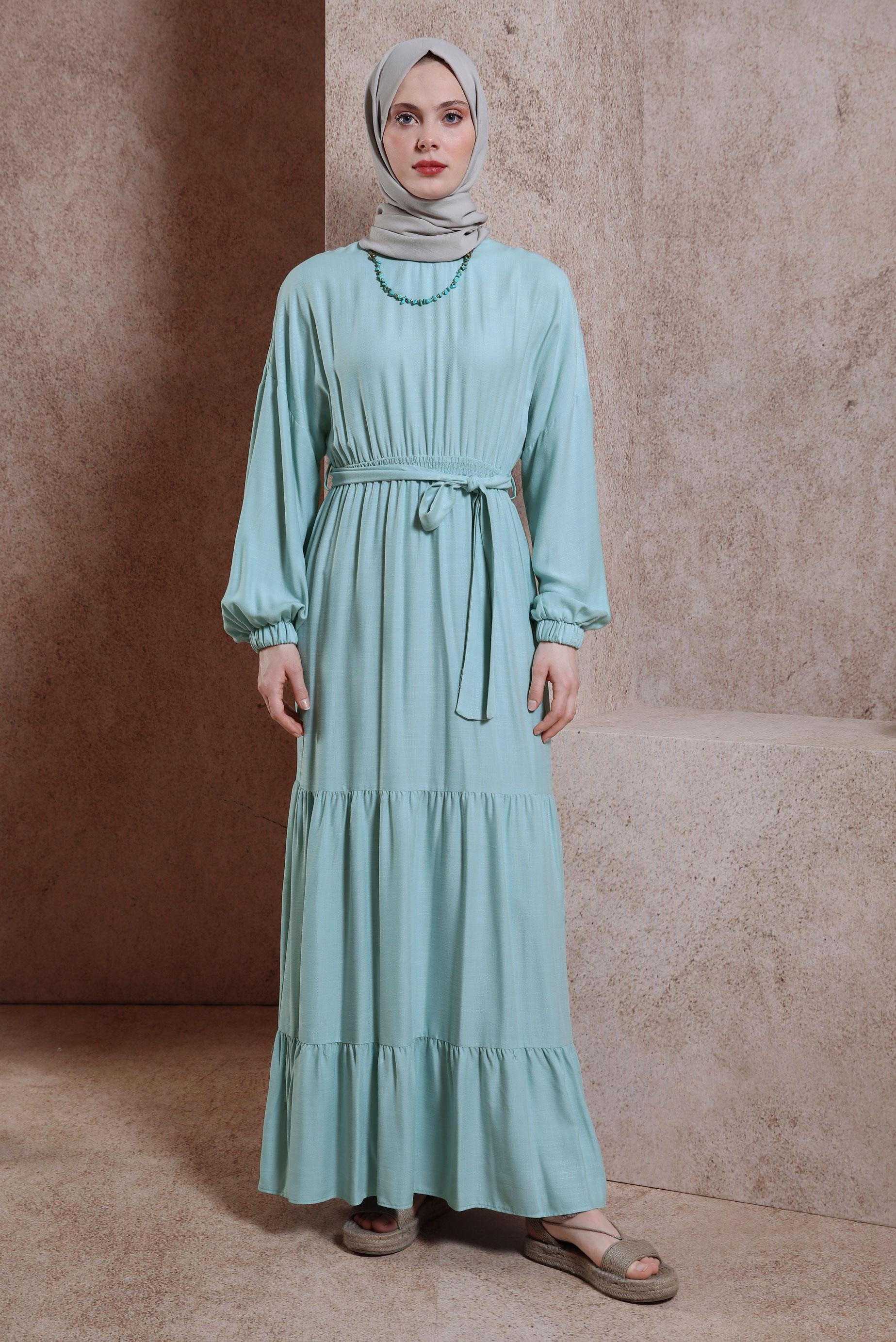Tesettür giyim YEŞİL KUŞAKLI ELBİSE 44439