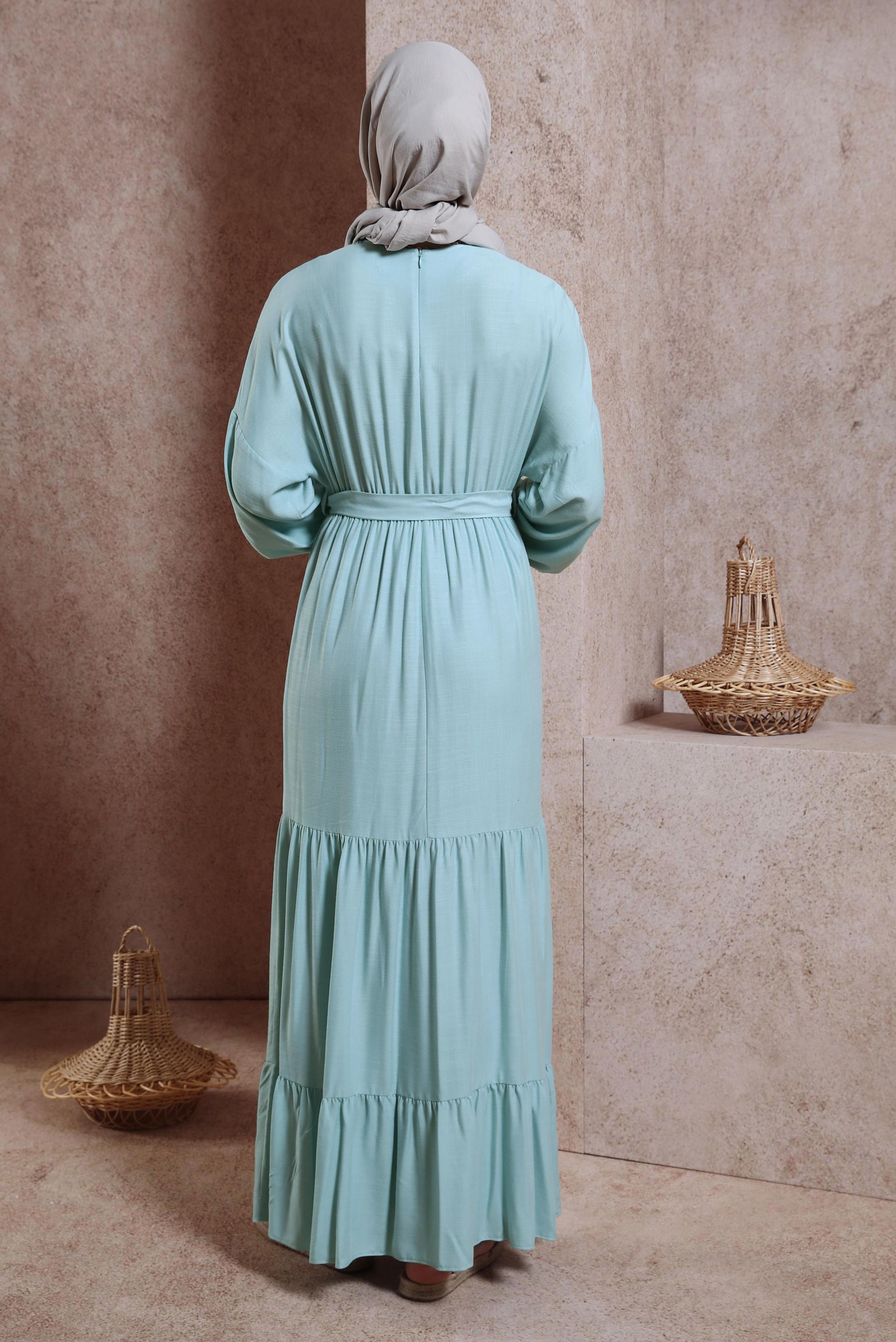 Tesettür giyim YEŞİL KUŞAKLI ELBİSE 44439