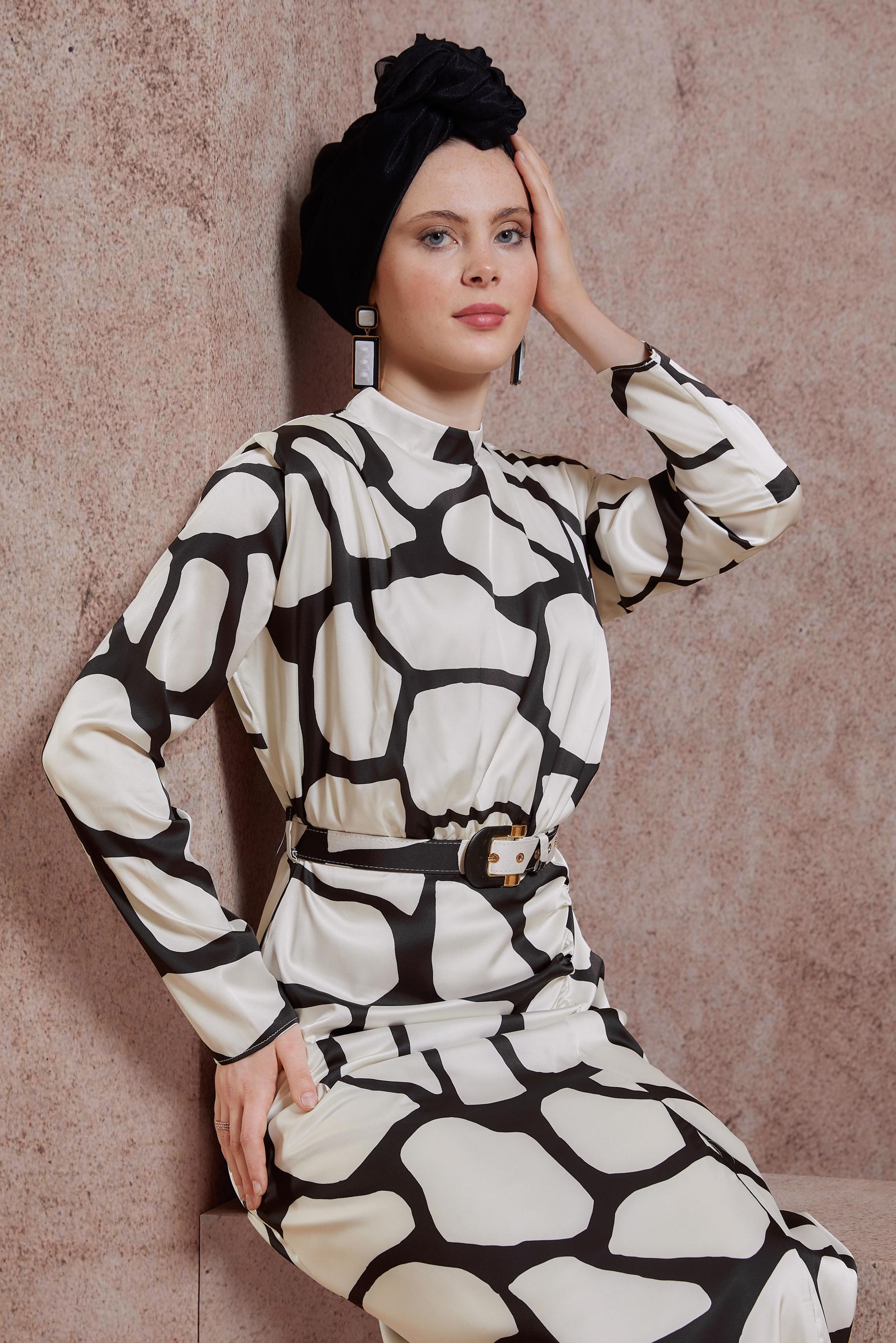 Hijab clothing BEIGE BELTED PATTERNED SATIN DRESS 44506