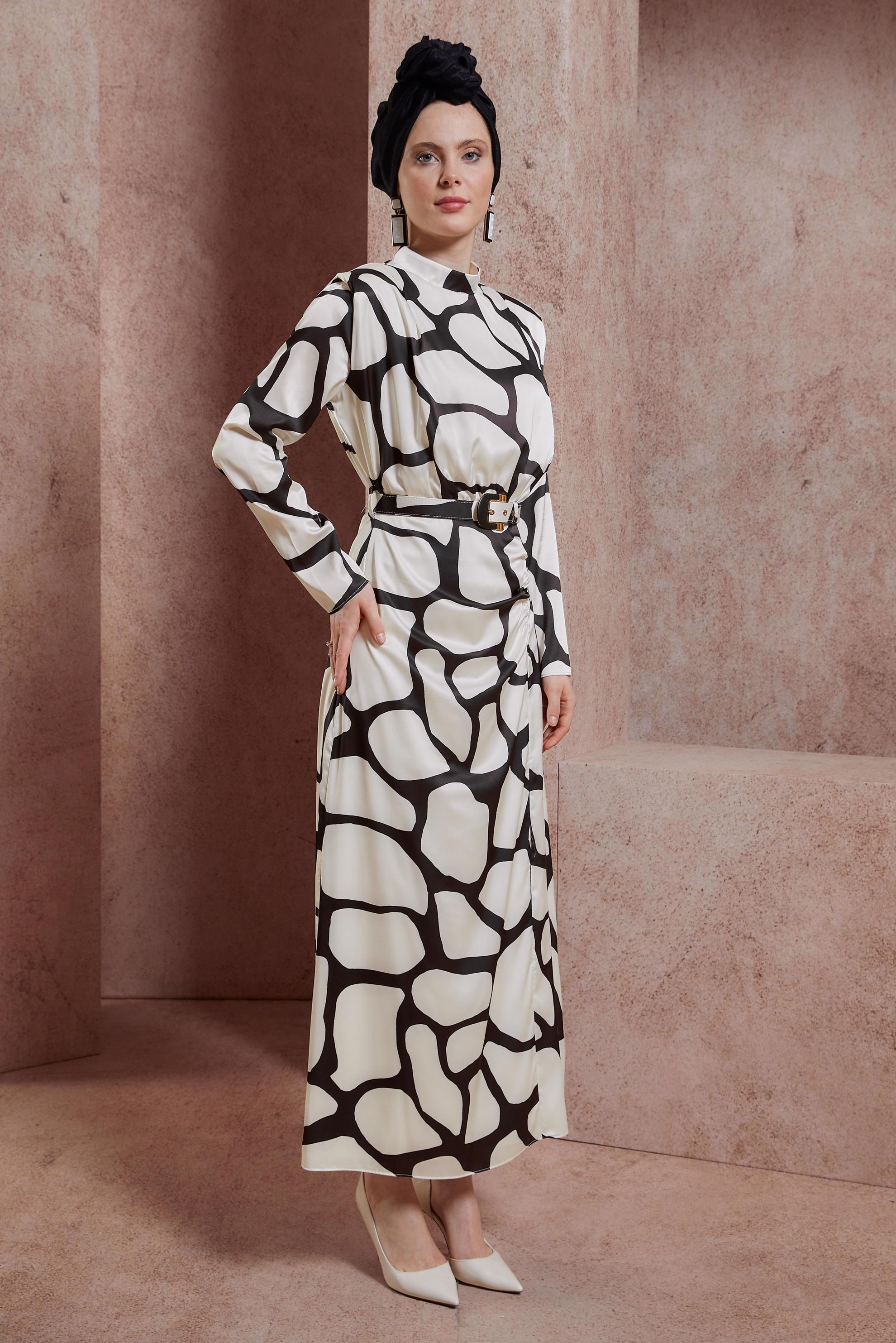 Hijab clothing BEIGE BELTED PATTERNED SATIN DRESS 44506