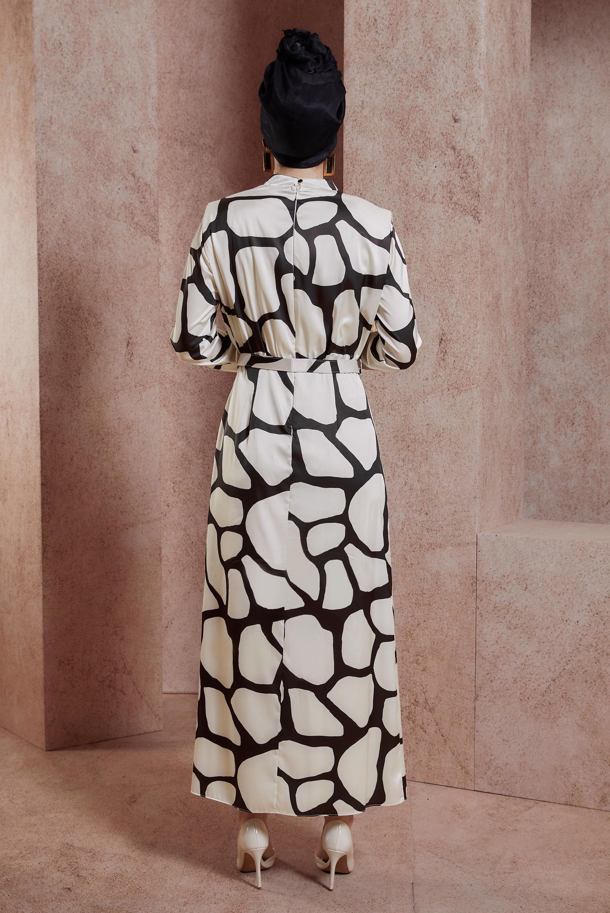 Hijab clothing BEIGE BELTED PATTERNED SATIN DRESS 44506